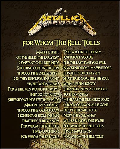 AMERICAN LUXURY GIFTS “For Whom the Bell Tolls” Song Lyric Wall Art –Unframed, 11x14 Inch Rock Music Print for Home, Office, Studio, or Man Cave