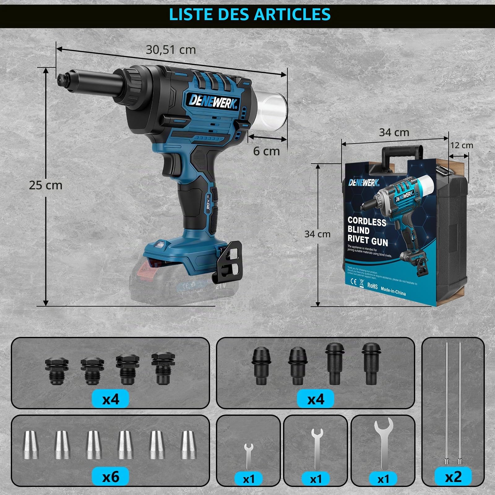Pistolet à riveter sans fil compatible avec Makita 18V, Pince à rivets électrique 10 000N, Pour rivets aveugles en acier 2,4-4,8 mm & rivets aveugles en aluminium 2,4-6 mm, course 25 mm(sans batterie)
