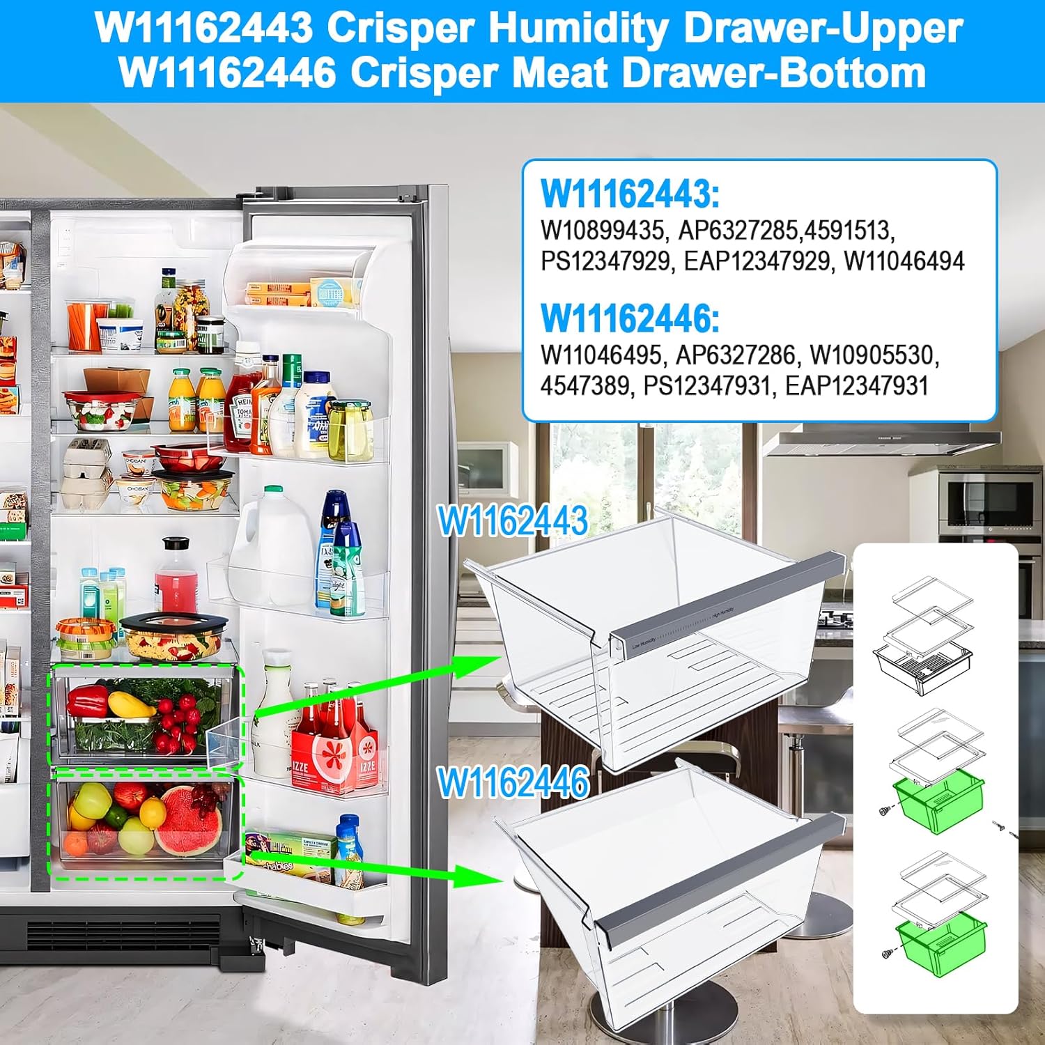 [2 PACK] W11162443 W11162446 WRS315SDHM01 WRS321SDHZ08 WRS325SDHZ05 WRS315SDHZ05 WRS325SDHZ08 WRS315SDHZ08 Crisper Drawer Compatible with Whirlpool Drawer Replacement Upper & Bottom Fridge Drawer