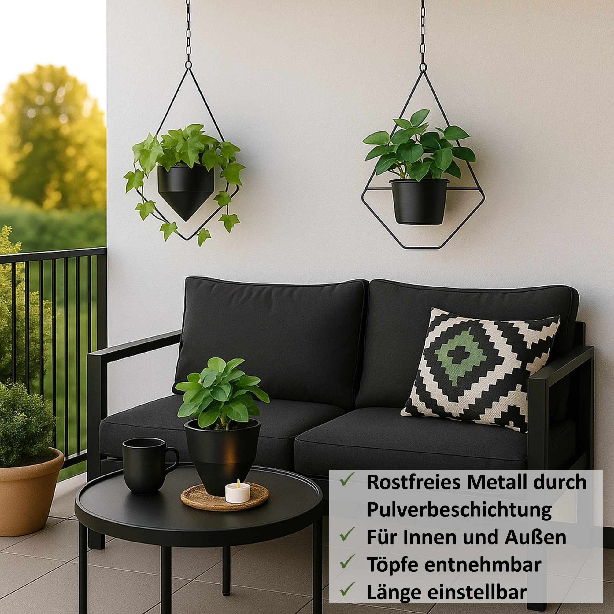 alma home Macetero colgante negro – Juego de 2 maceteros colgantes para interior y exterior, decoración de pared de metal para plantas con gancho y extensión de cadena