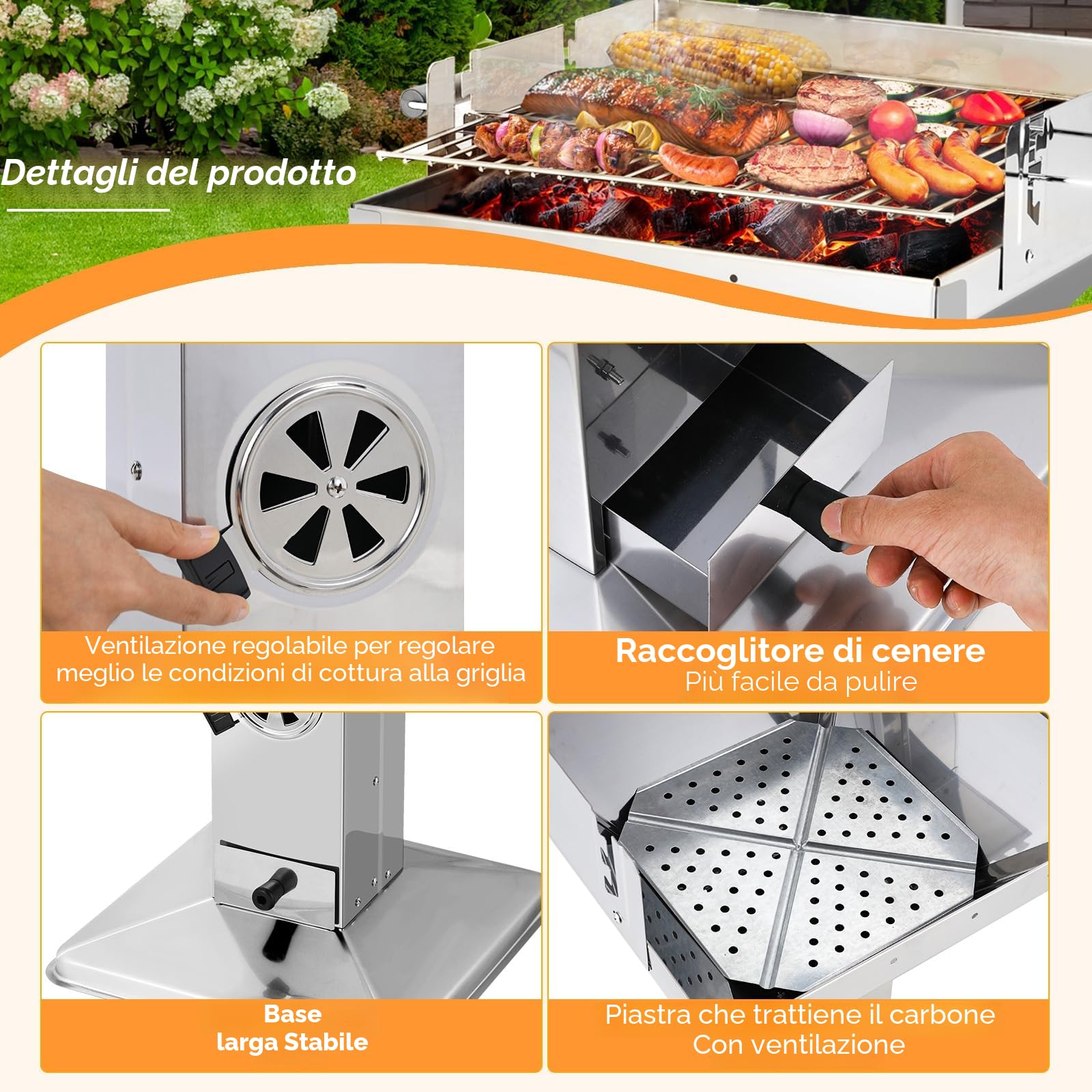 TLGREEN Barbecue a colonna in acciaio inox 63x48x92cm con griglia cromata e altezza regolabile