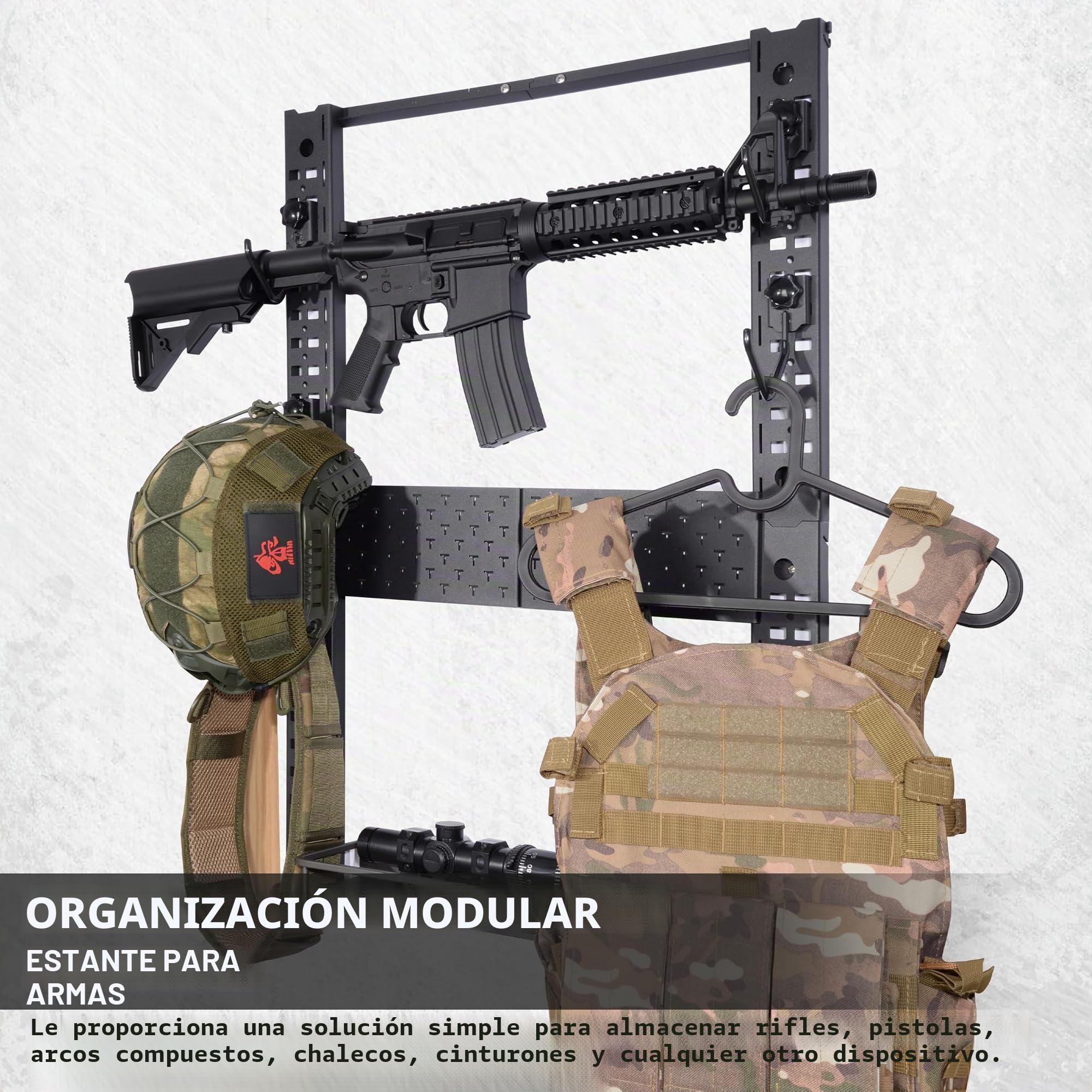 BOOSTEADY Soporte para Armas de Pared Modular con 10 Ganchos J: Accesorios Caza Soporte de Pared para Fusiles Rifles y Escopetas Hasta 120 lbs, Organizador de Armas de Pared con Estante, 31,8 x 22