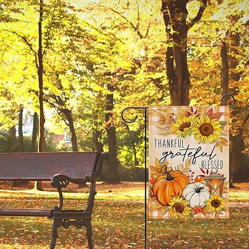 Miniatura 5 de Bandera decorativa pequeña de otoño con diseño de calabaza, girasol, hojas de arce, decoración exterior de granja, césped, a cuadros, a cuadros,