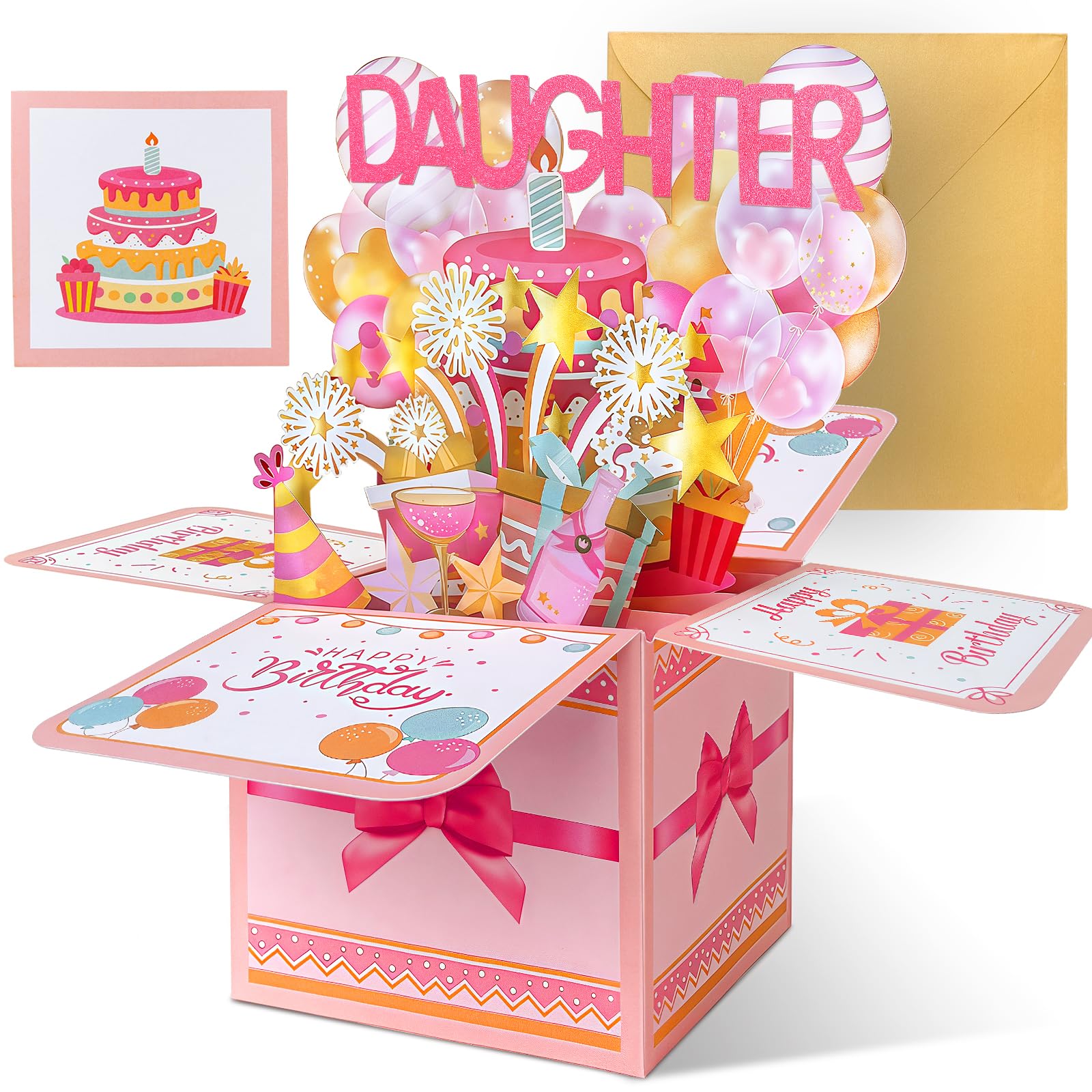 Happivue Daughter Birthday Cards, Pink Sweet Pop Up Happy Birthday Card for Daughter Gifts from Dad and Mum, 3D Greeting Cards for Girls Female Adult, Decoration Keepsake Gift for Her