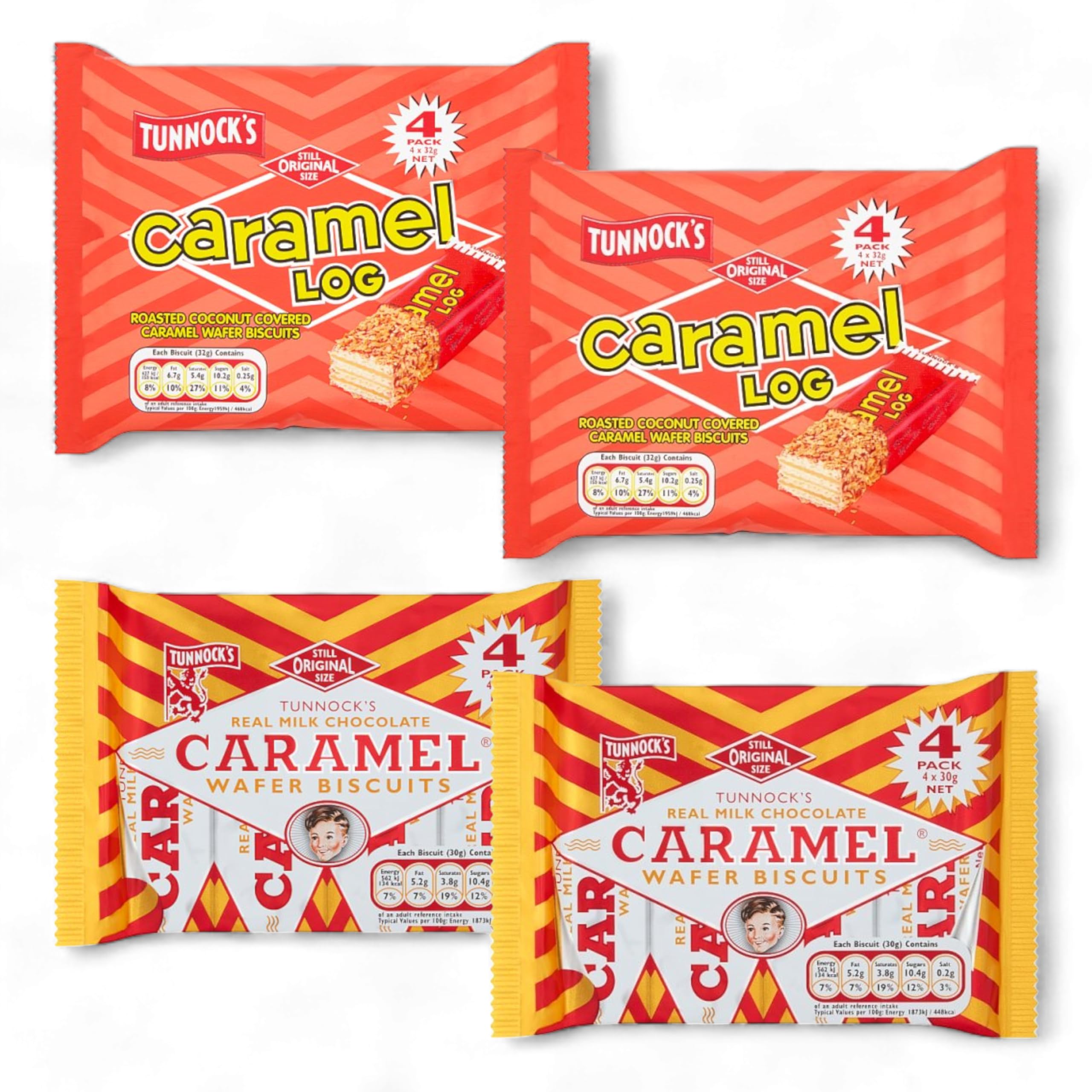 2 Pack (4 x 32g) Tunnock's Caramel Log Wafer Biscuits and 2 Pack (4 x 30g) Tunnock's Milk Chocolate Caramel Wafer Biscuits (Total 4 pack Tunnock Wafer Biscuits) 124g