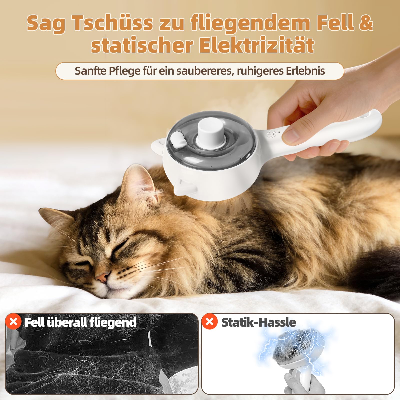Brosse à chat à vapeur 2 en 1 & Retire-Underpoil, Soin animal pro, Brouillard froid 2 niveaux, Démêlage & Massage, USB rechargeable, Grand réservoir, Chiens & chats poils longs/courts