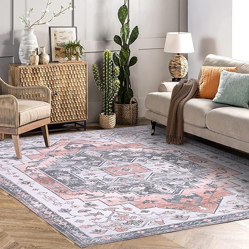 Miniatura 4 de Fashionwu Alfombra bohemia de 9 x 12 pies, diseño de medallón tribal, de pelo bajo, no desprende pelusa, alfombra grande para sala de estar,