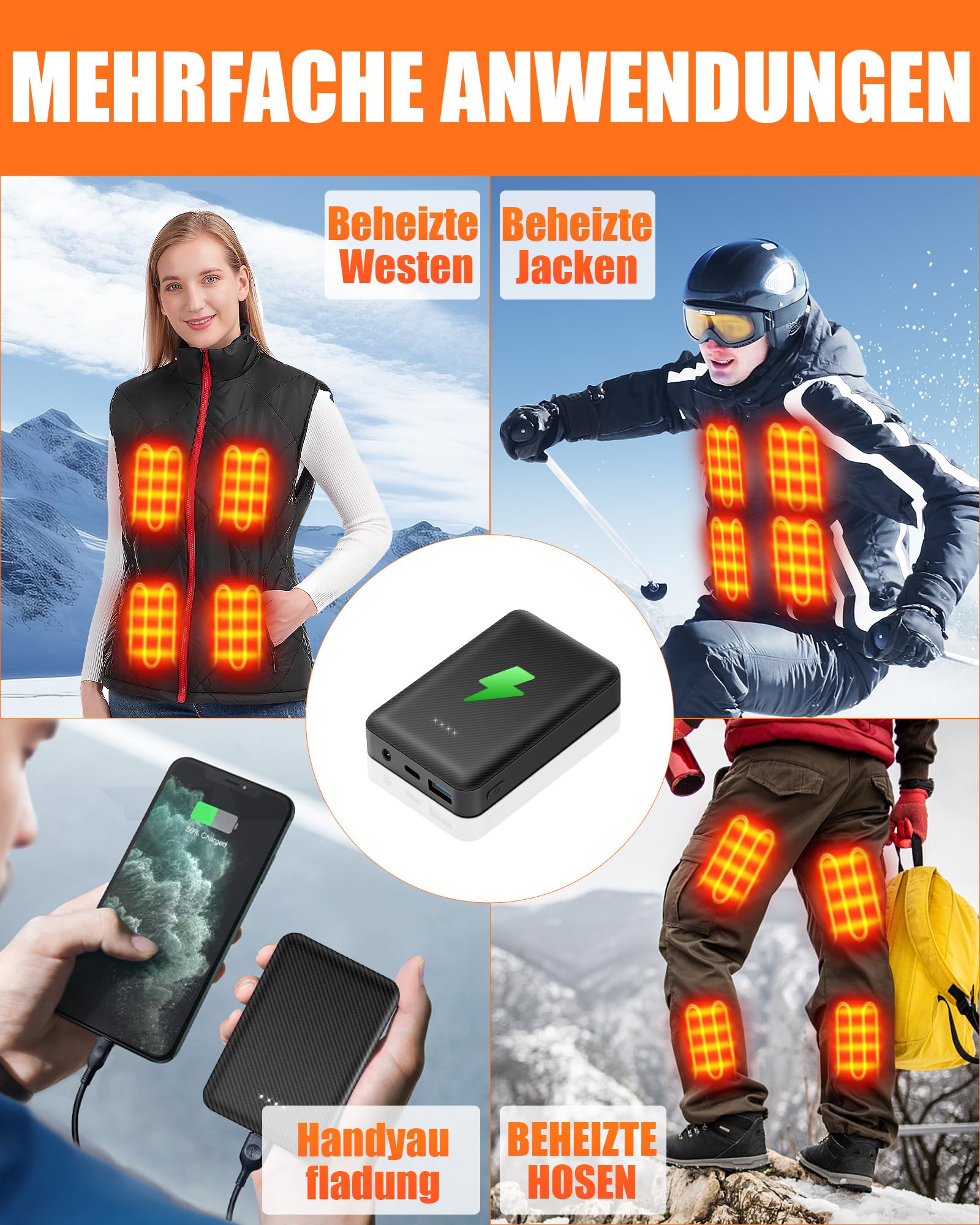 7.4V 10000mAh Powerbank für Heizweste, Jacke, Hose, Mantel und Unterwäsche, Ersatzakku für DC Beheizbare Kleidung
