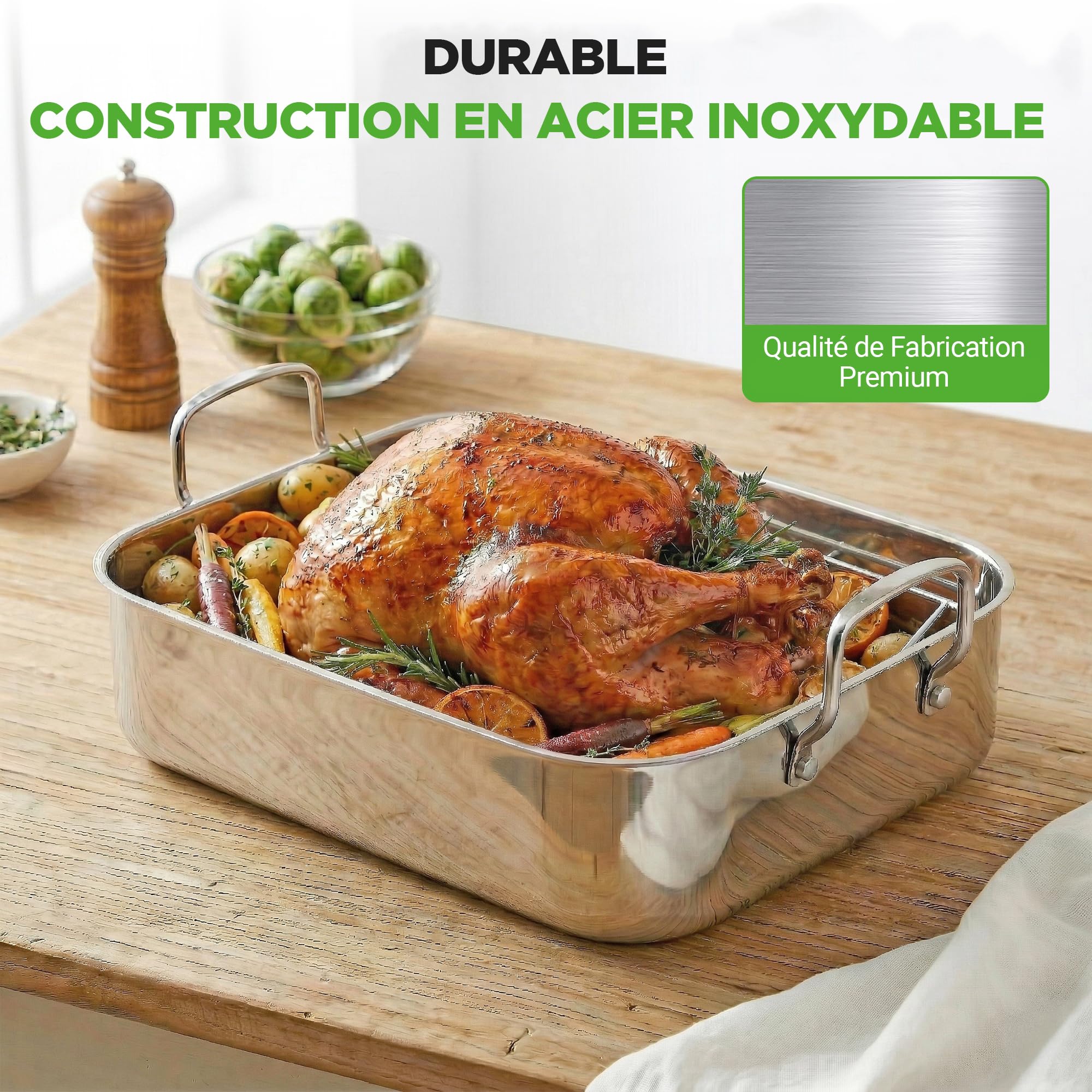 NutriChef Plat à Rôtir en Acier Inoxydable de 36 cm avec Grille en Fil Poli – Plat a Rotir avec Grille avec Poignées Intégrées - Ustensile de Cuisson Robuste pour Dinde, Poulet, Viandes, et Plus