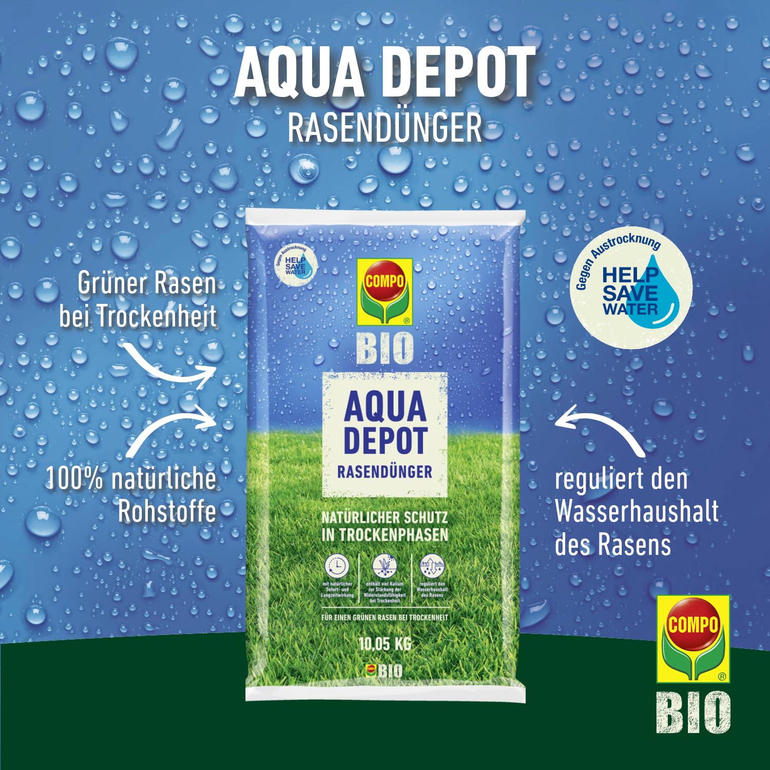 COMPO BIO AQUA DEPOT Rasendünger Sommer, 10,05 kg für 200 m² | Organischer Rasendünger mit extra Kalium für Trockenphasen und Hitze, Bio‑Rasenpflege, Bio Dünger Rasen Sommer