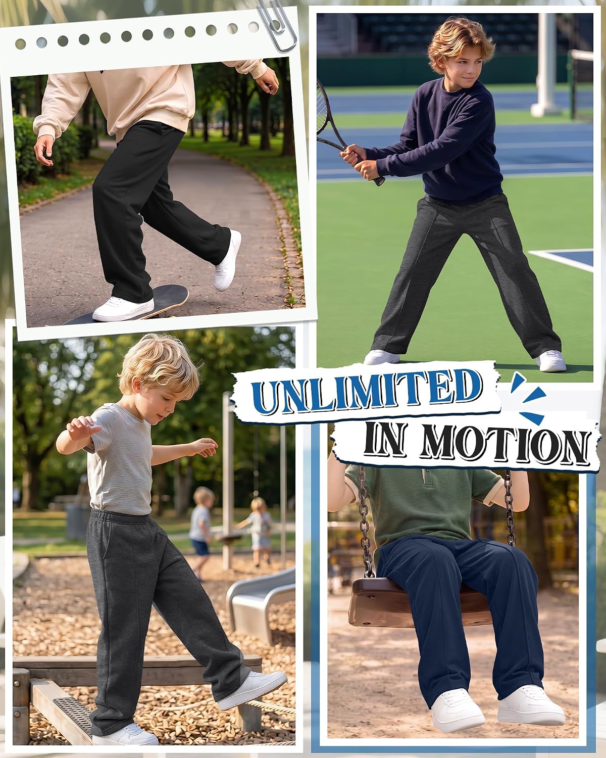3 Pack Boys' Baggty Sweatpants | Back to School, Athletic Pants, Wide Leg Open Bottom, Elastic Waist Joggers, Sports Casual Wear, Uniform Pants with Pockets
