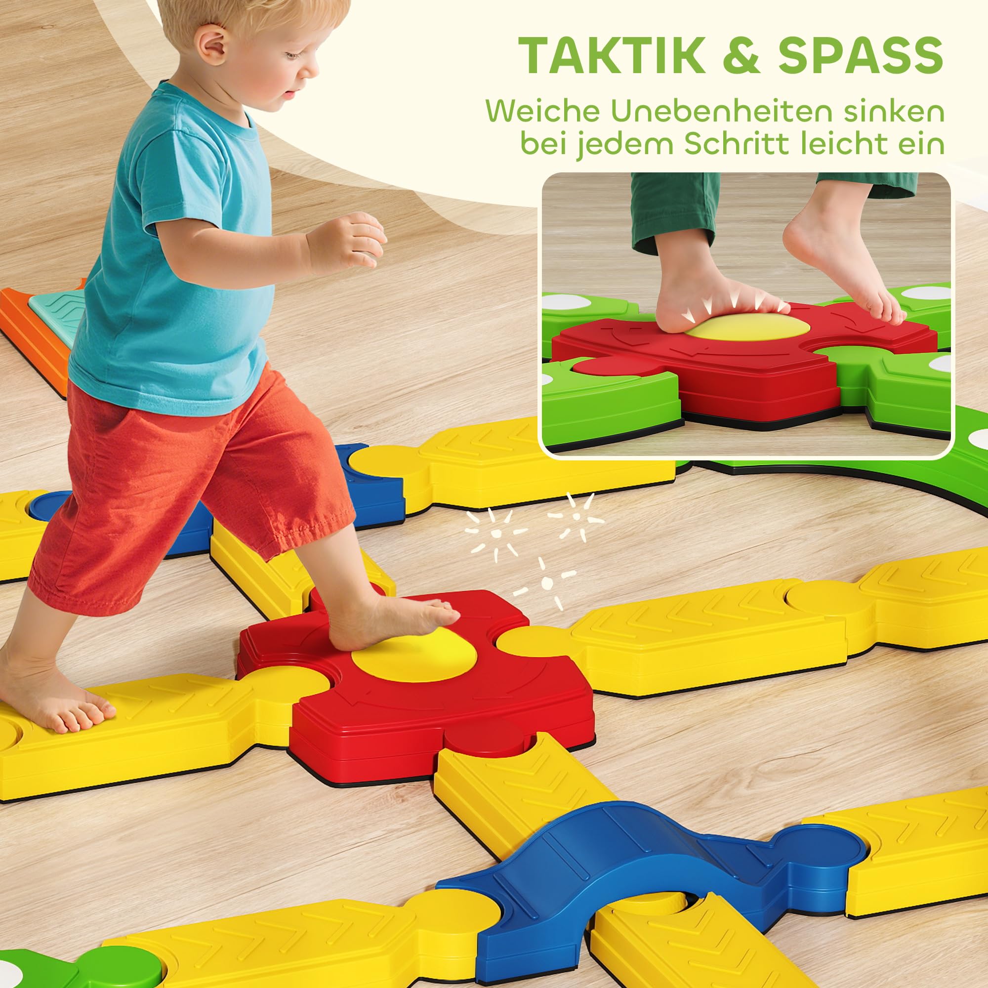 AIYAPLAY Balancierbalken Kinder Schwebebalken mit 25 Balanciersteine frei kombinierbar Montessori-Spielzeug mit rutschfester Oberfläche für Kinder von 3-8 Jahren, für Drinnen Draußen für Koordination