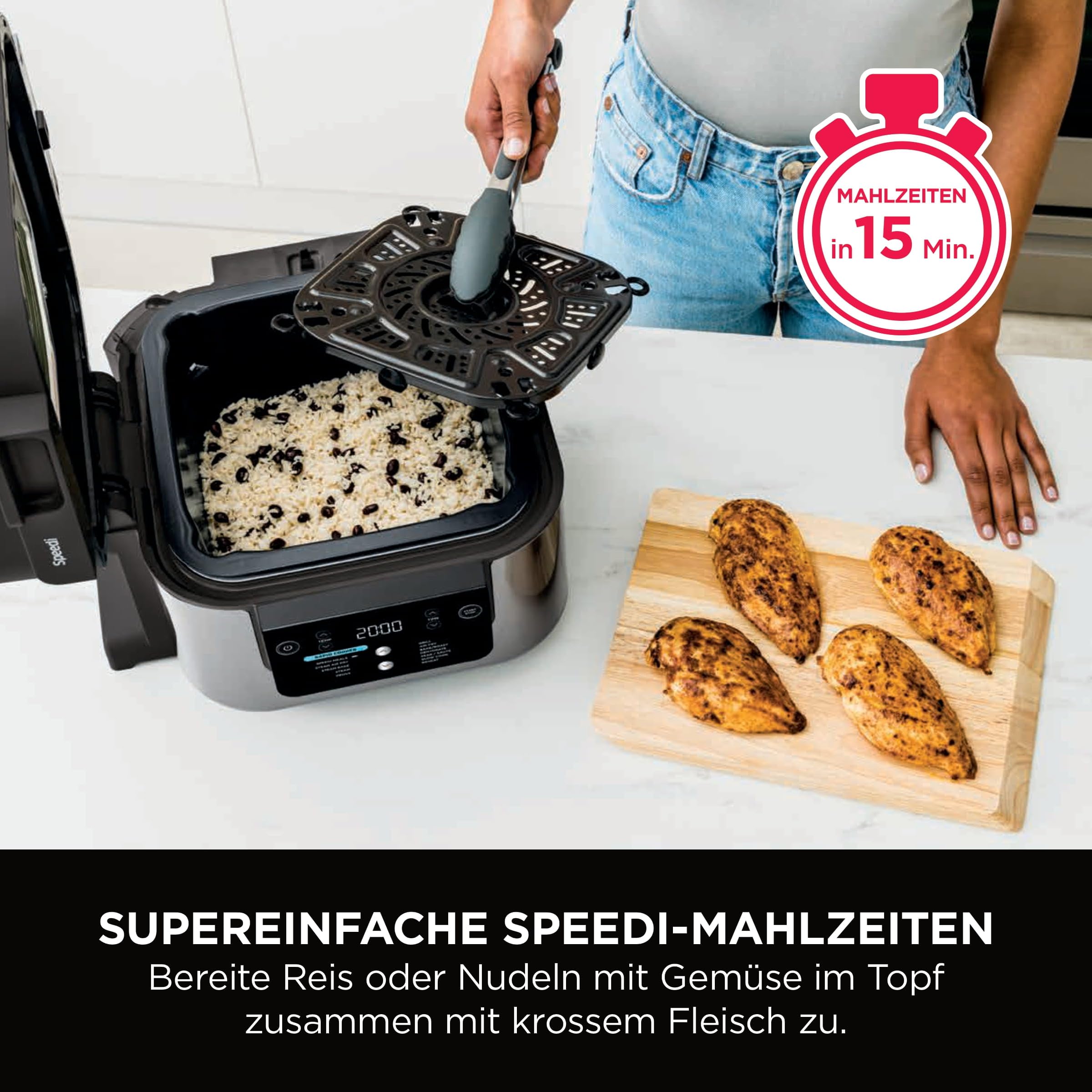 Ninja Speedi Multikocher, 5,7L, 12-in-1 Multicooker, Air fryer Heißluftfritteuse, Slow Cooker Langsamkochen, Grillen, Backen, Schwarz ON500EU