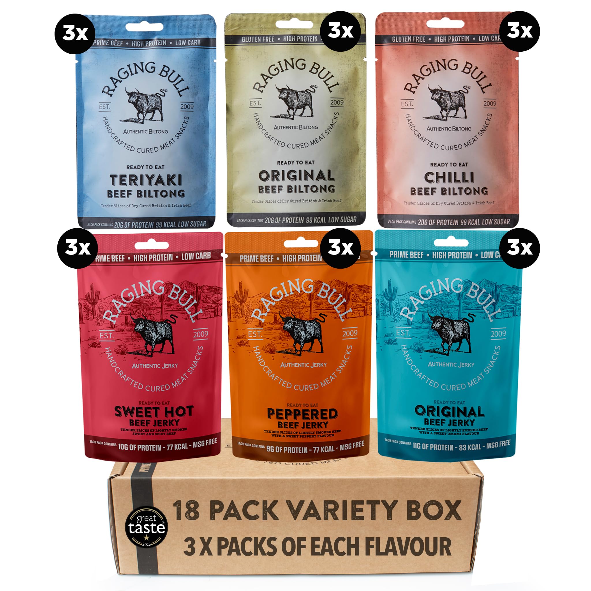 Raging Bull Beef Snack 18 Pack Combo - 3 Packs Beef Biltong & Beef Jerky - Flavoured Jerky & Biltong Sets - High Protein Snacks - Grass Fed Beef Biltong - Low Carb Keto Snacks - Carnivore Meat Snacks