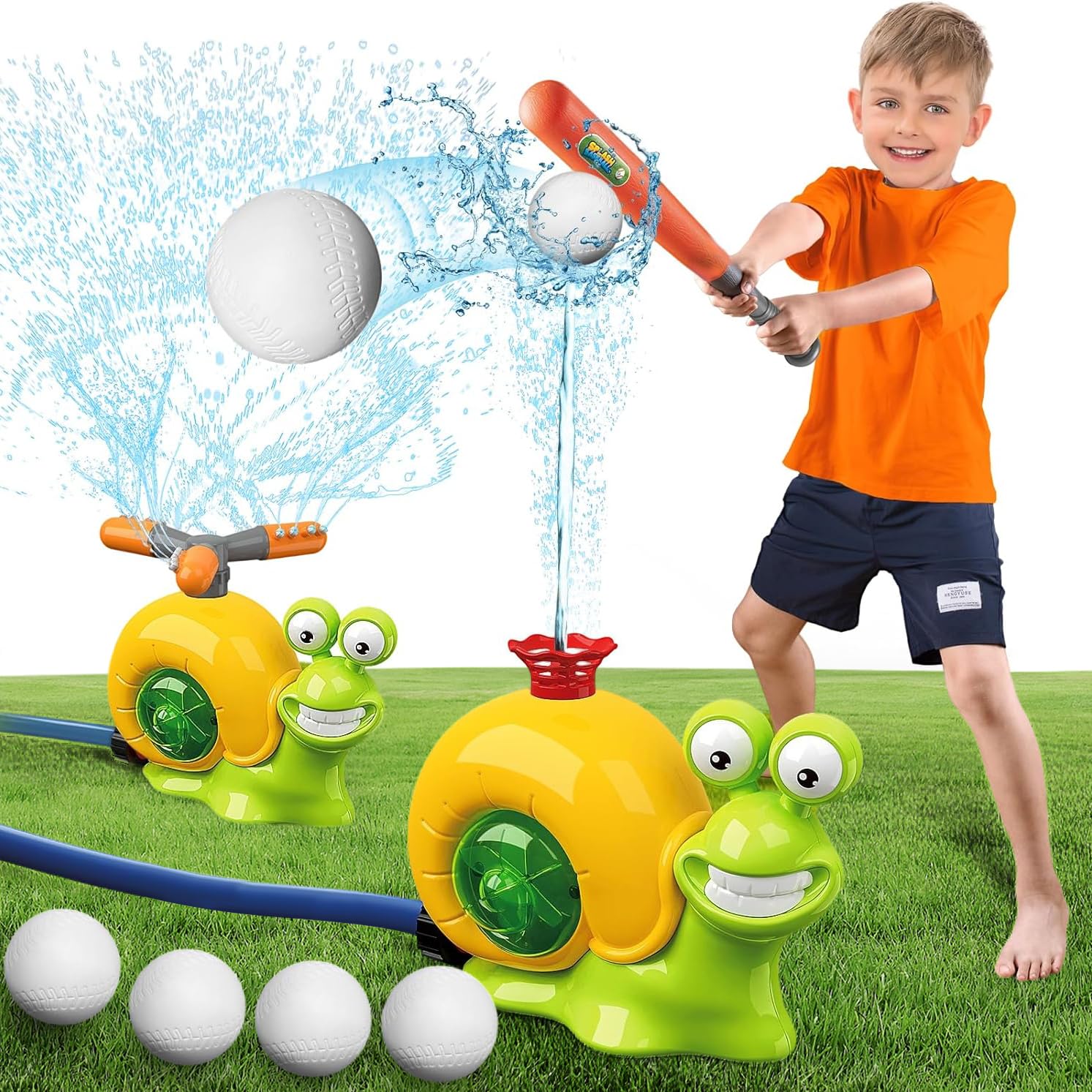 Masroo Water Sprinkler Baseball Toy for Kids Outdoor Play, 2 in 1 Snail Summer Water Game with 2 Sprinkler Heads, 360° Roating Spray Water Baseball for Boys Girls Summer Backyard Lawn Pool Party Fun