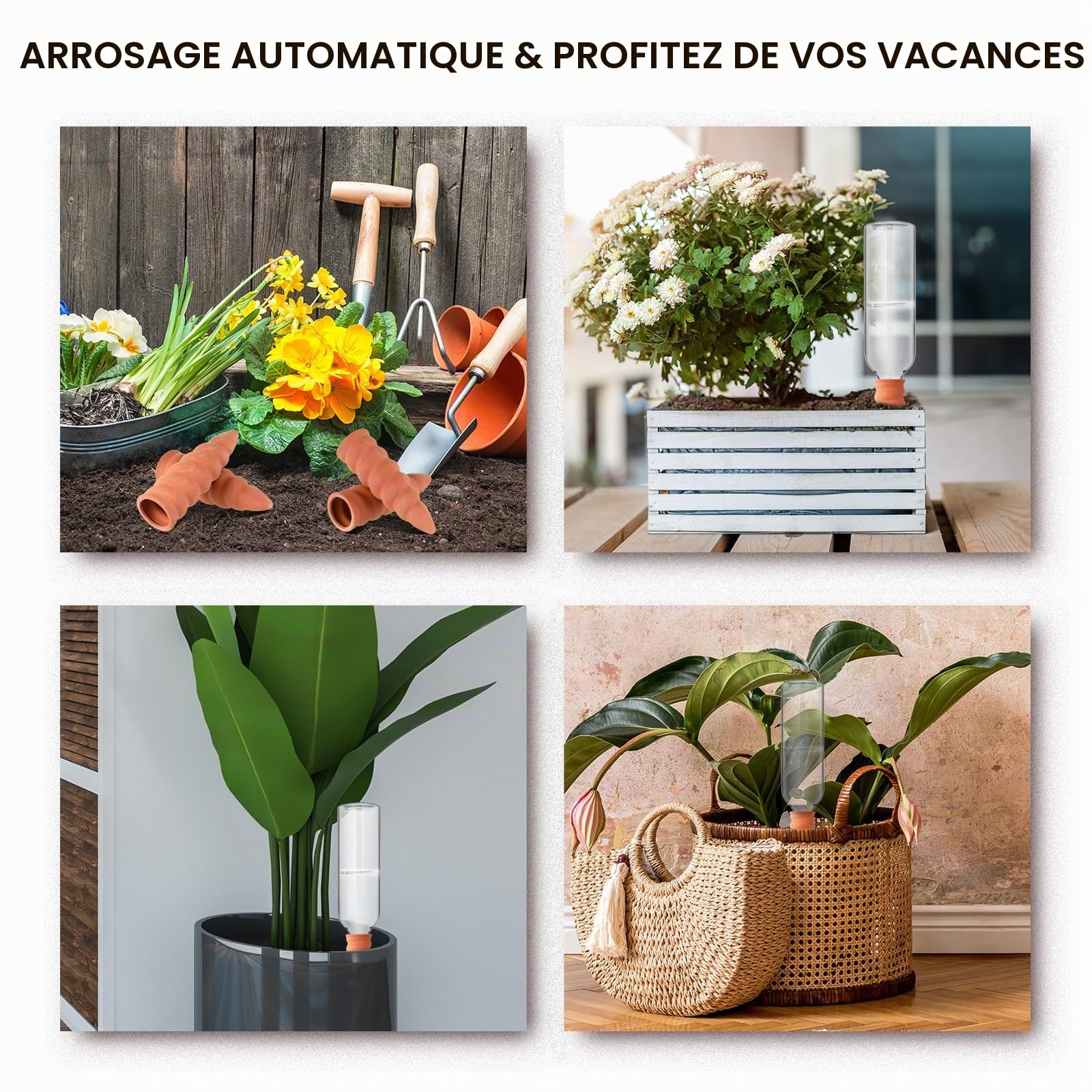 Geiserailie 4 Sets Arrosoirs Automatiques pour Plantes Arrosage en Cône en Terre Cuite avec Bouteilles de 750 ml Abreuvoir en Argile à Libération Lente Distributeur d'Eau pour Pot de Fleurs Vacances