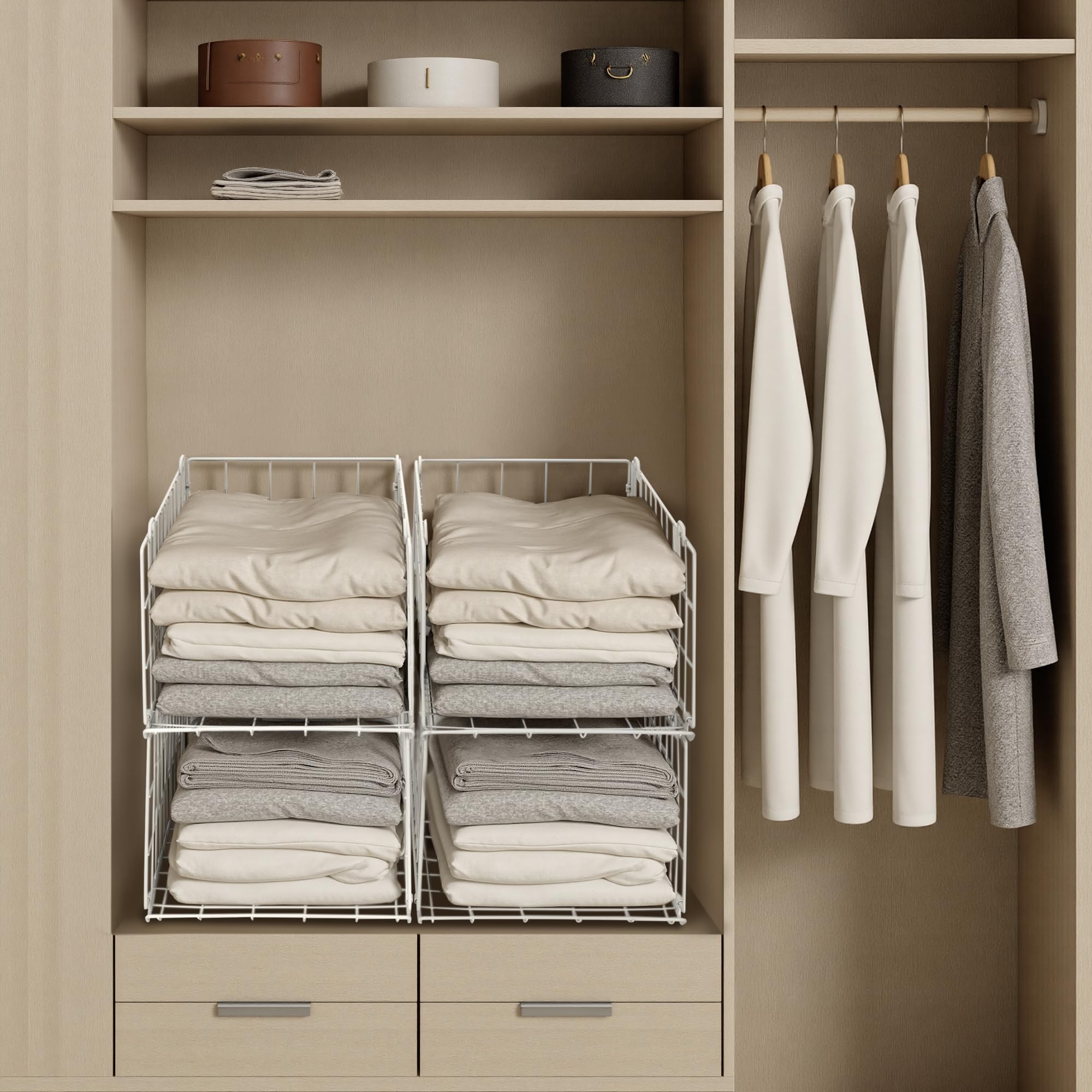 QIWODE Lot de 4 paniers de rangement empilables en fil métallique pour vêtements Blanc