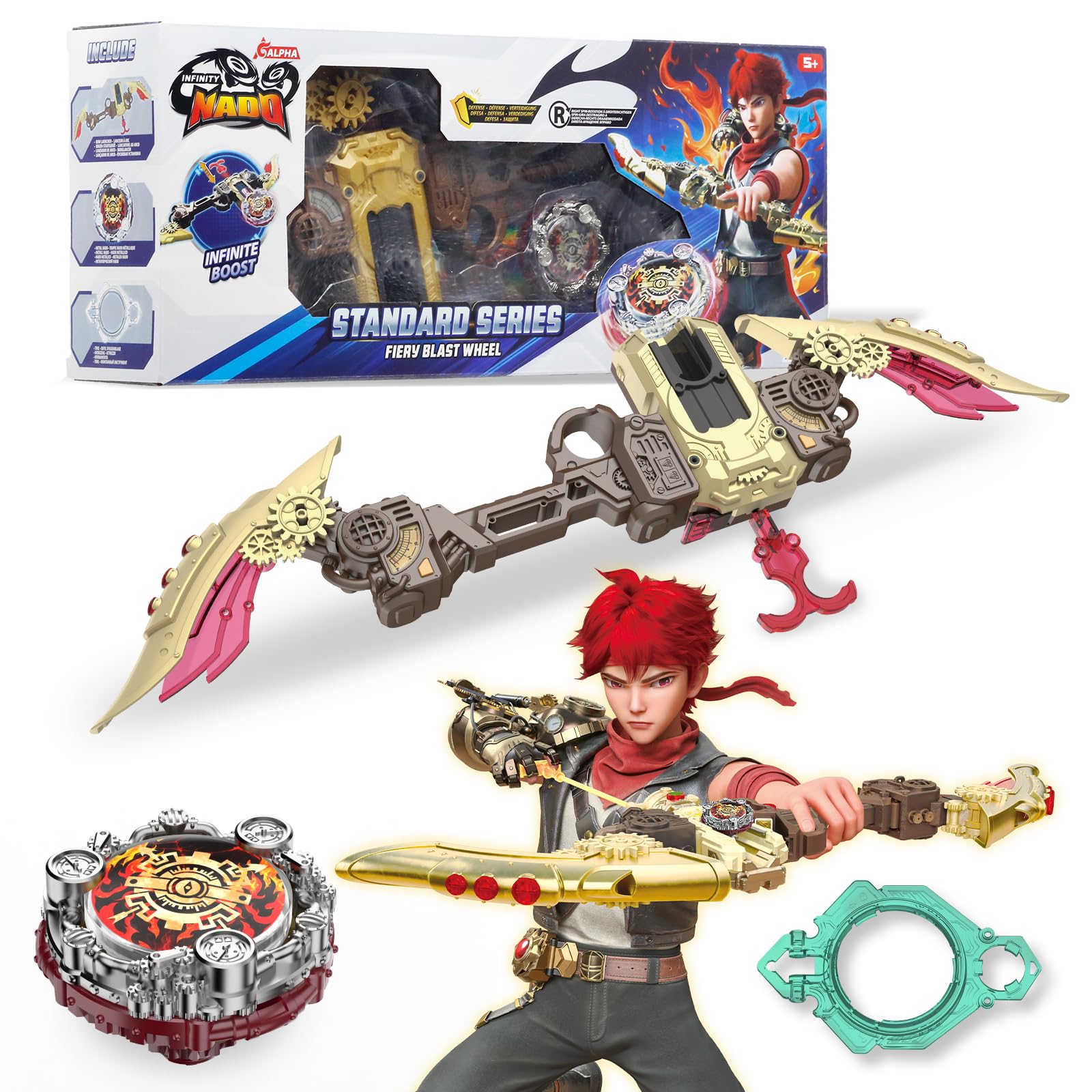 INFINITY NADO S7 Toupie avec Lanceur Arc Accélération Infinie, toupie métallique Type défense Rotation vers la Droite, Jouets pour garçons et Filles de 5+, kit de démarrage, Fiery Blast Wheel, Rouge