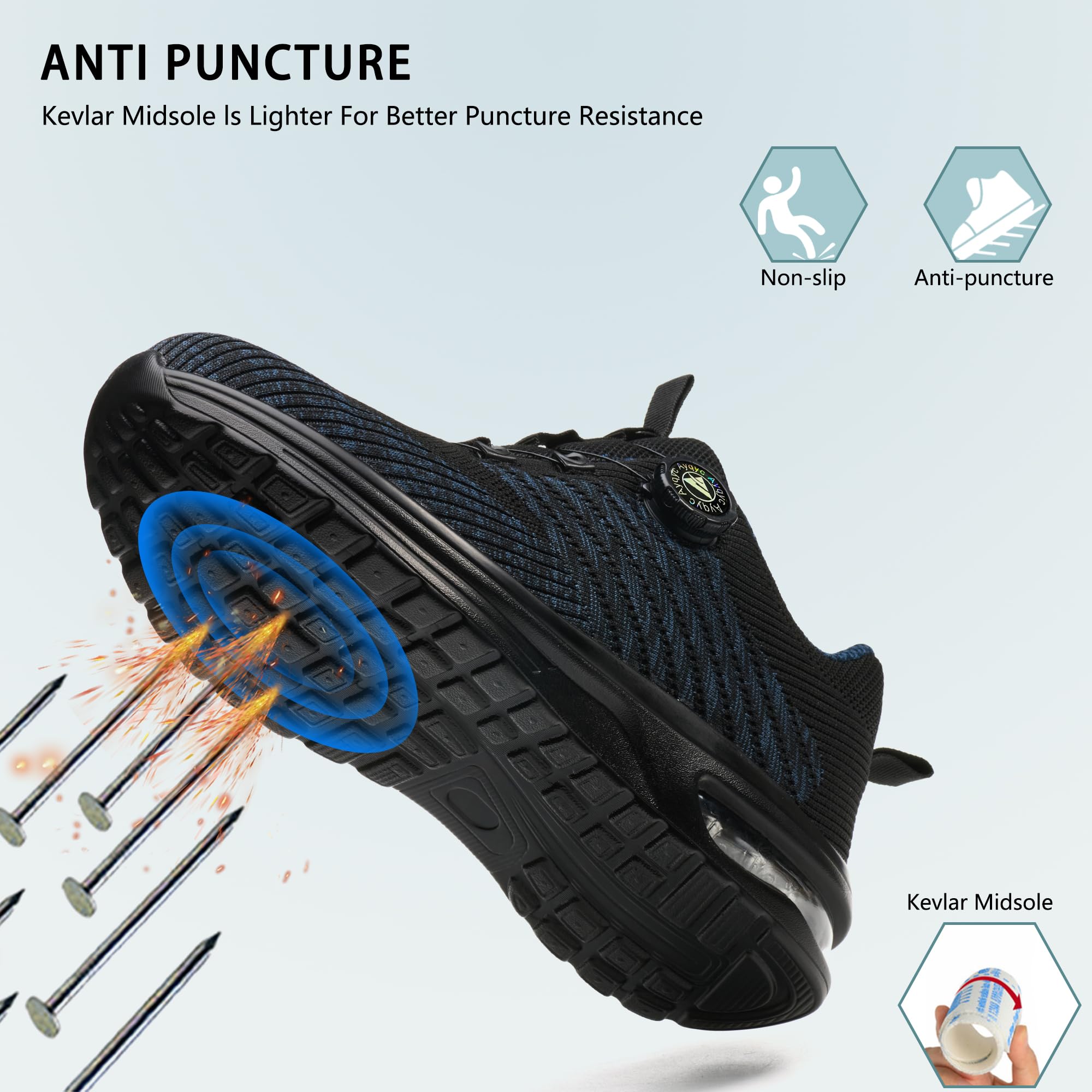Buty ochronne męskie ze stalowym noskiem, buty ochronne damskie, lekkie buty ochronne, oddychające, antypoślizgowe, robocze buty ochronne z poduszką powietrzną, obrotową klamrą, sznurówki, NIEBIESKI