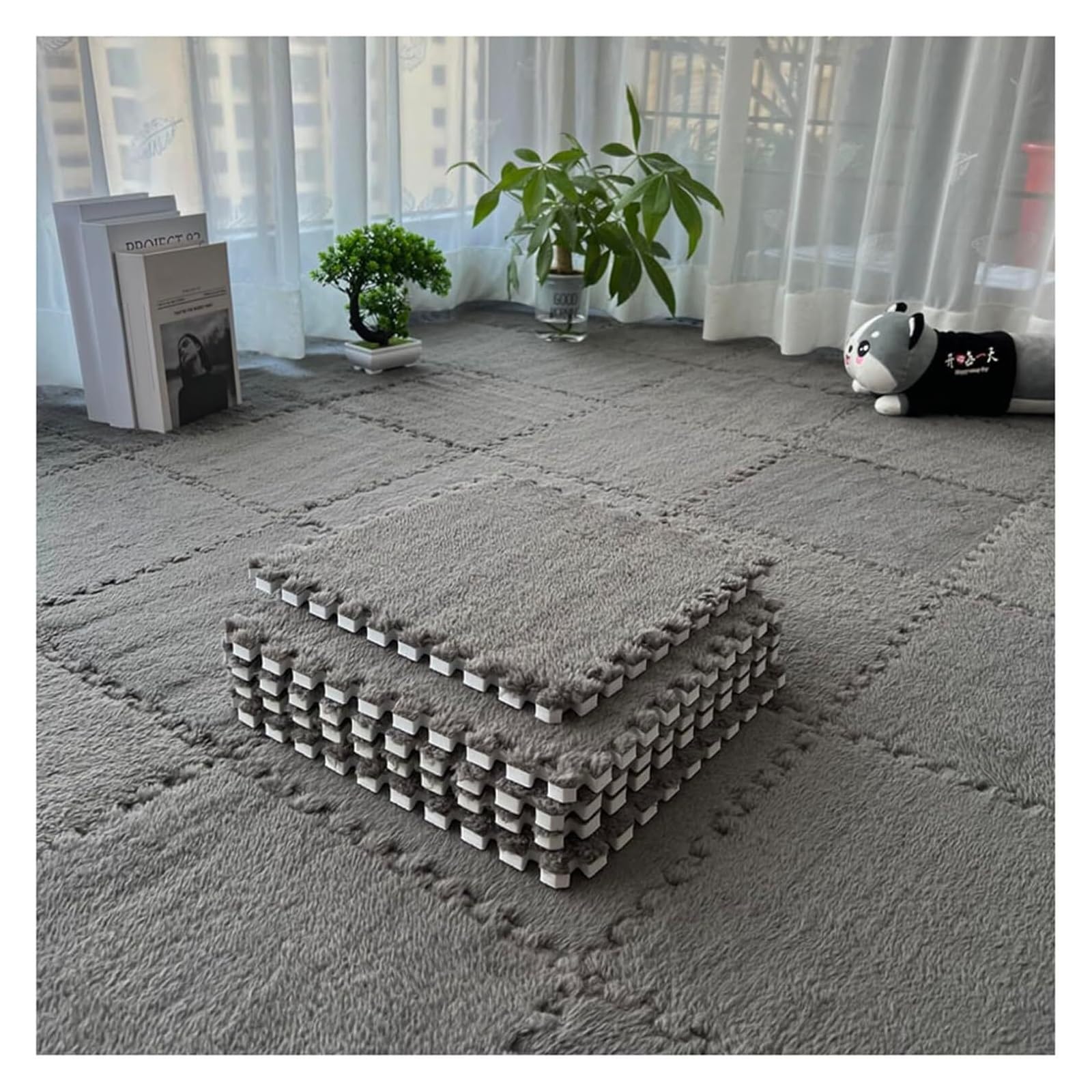 Dywany typu jigsaw, Pluszowa mata do zabawy w puzzle z płytek dywanowych, 12 elementów, miękka, puszysta, kwadratowa, piankowa podłoga(Gris)