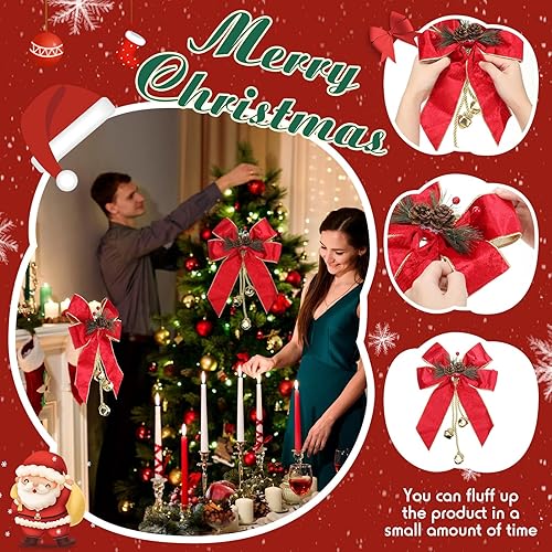 Miniatura 4 de Yinkin 4 lazos de corona de Navidad con cascabeles de 11 x 7.8 pulgadas, lazo de terciopelo con cono de pino, adornos colgantes para el hogar,