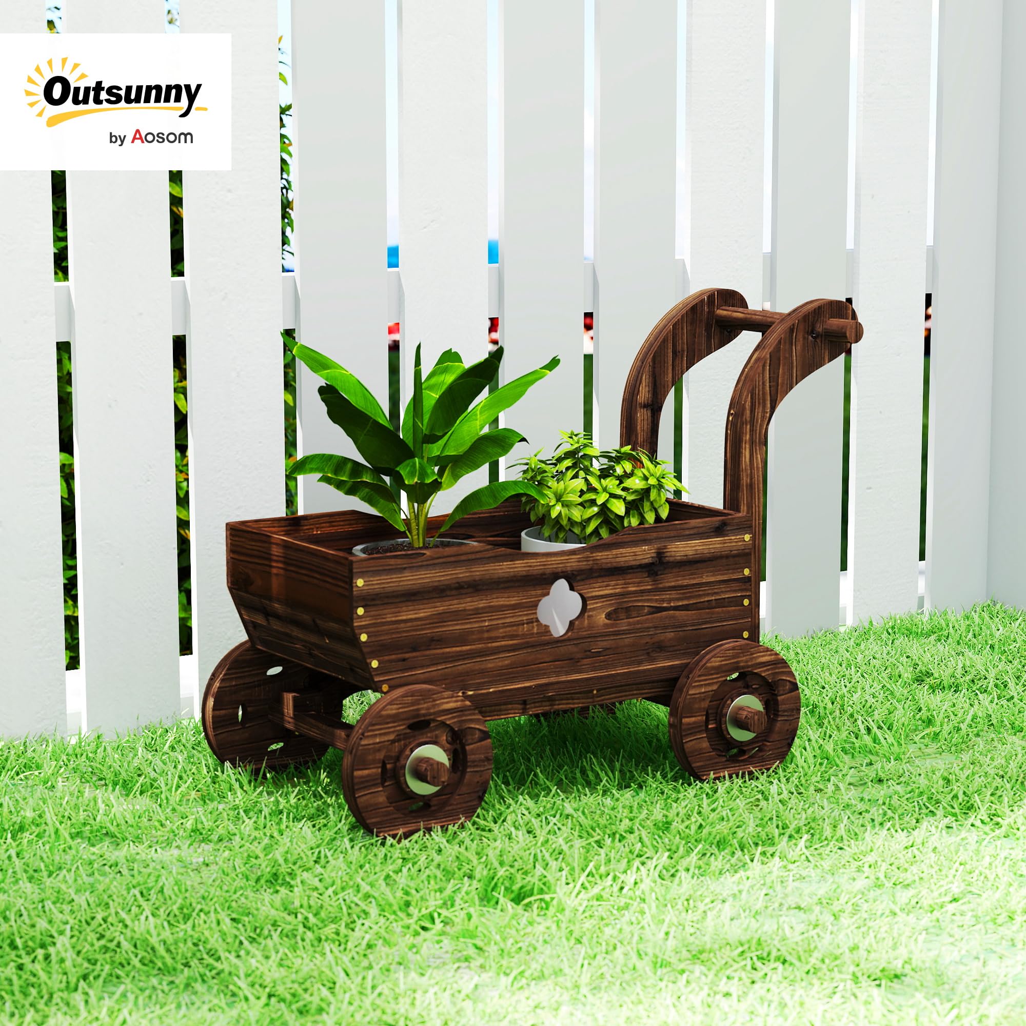 Outsunny Carretilla de Madera Decorativa, Jardinera Elevada con 4 Ruedas, Asa, Orificios de Drenaje, Macetero Exterior para Cultivos de Plantas, Flores en Terraza, Jardín, 68x38x52 cm, Carbonizado