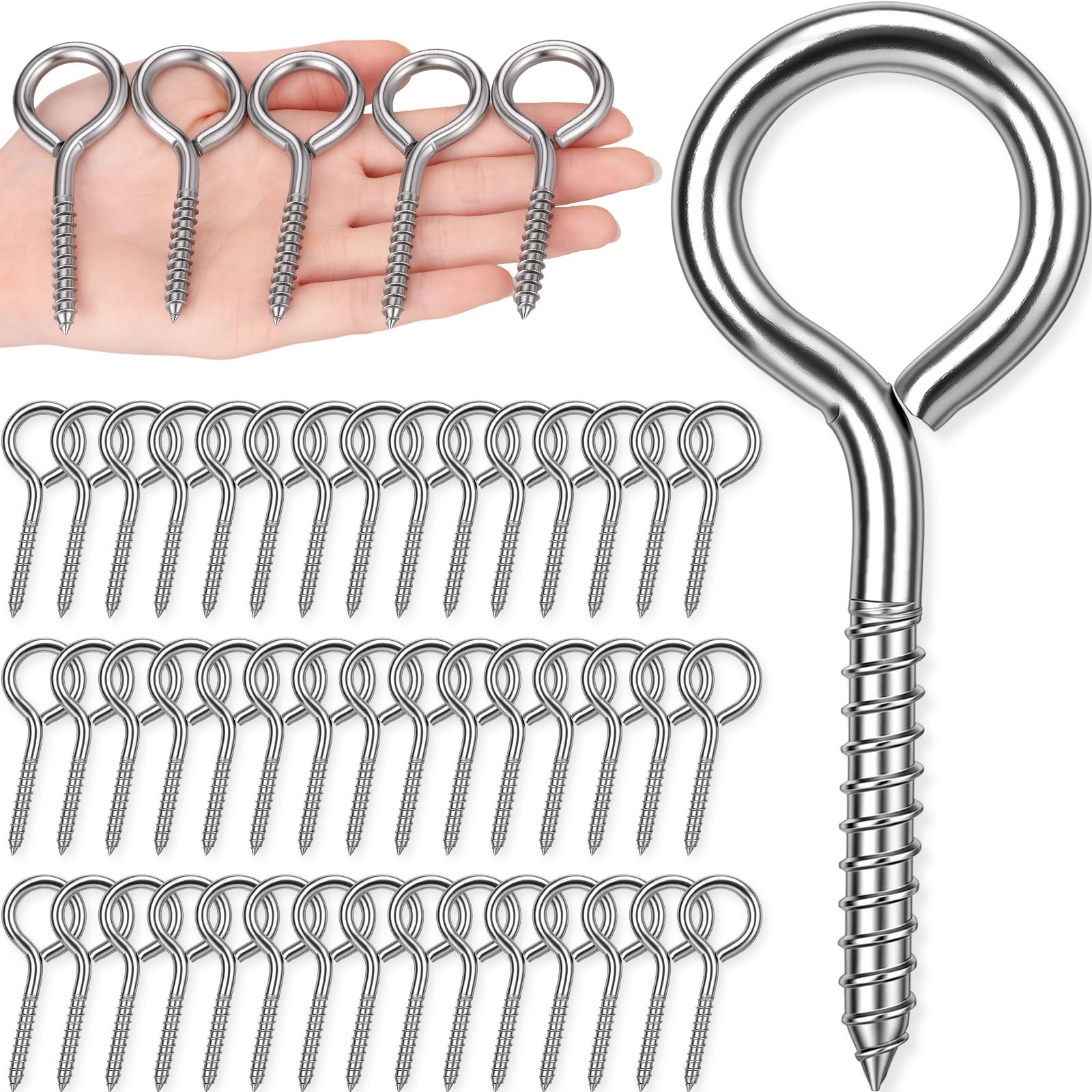50 Pcs 304 Stainless Steel Screw Eye Hooks, M6-3.2 Inch