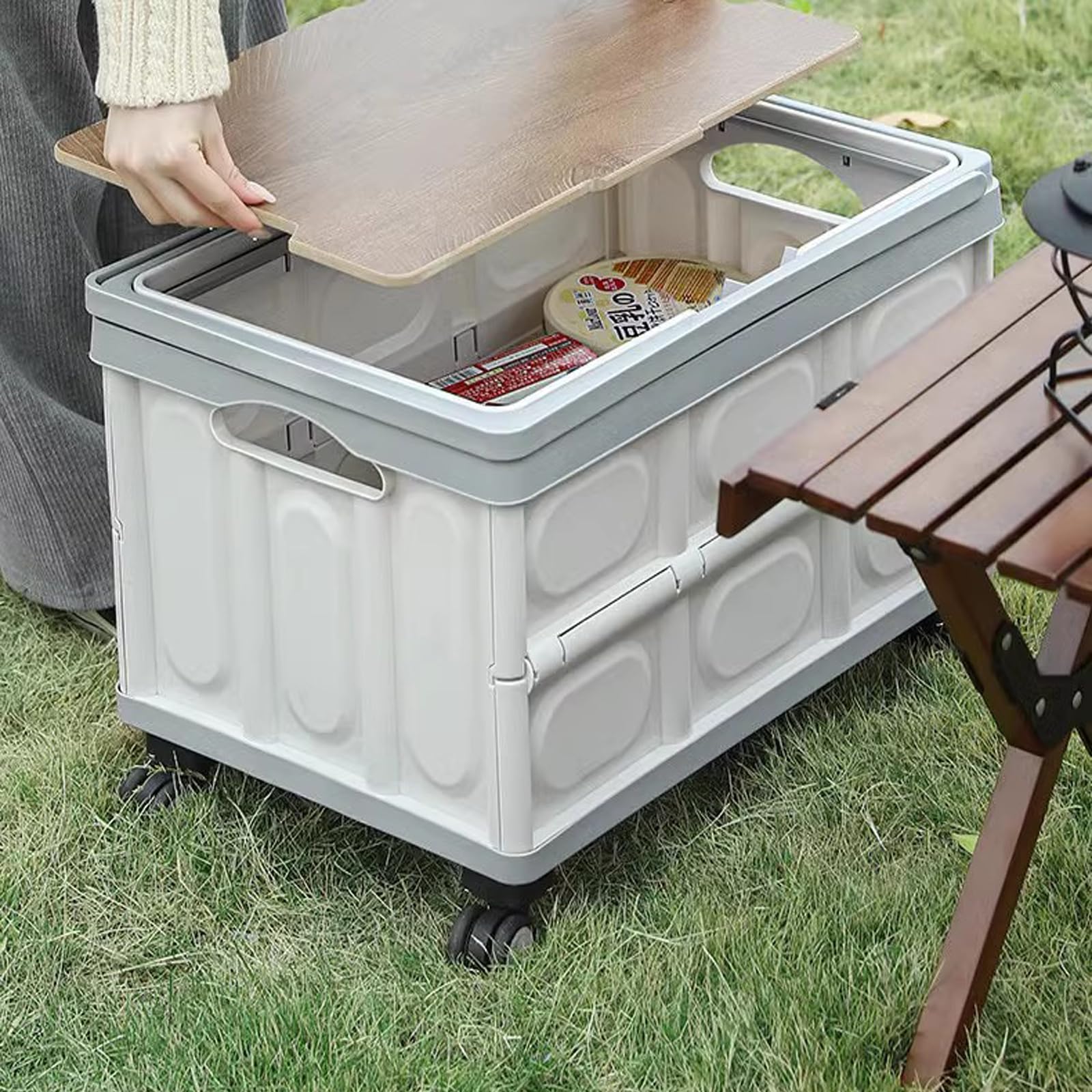 Caja de plástico plegable con ruedas, caja de almacenamiento plegable para comestibles, camping y compras, maletero de plástico duro con ruedas
