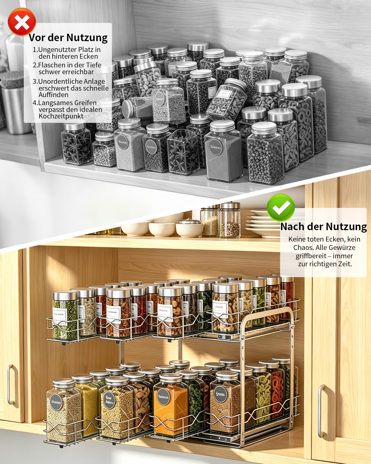 YSD Gewürzregal Ausziehbar für Oberschrank Küche – 2 Ebenen, Edelstahl | 4 Körbe pro Ebene einzeln ausziehbar. Höhenverstellbar.platzsparend. Kleben/Schrauben. Leise Schienen. Küche/Bad. Ohne Gläser