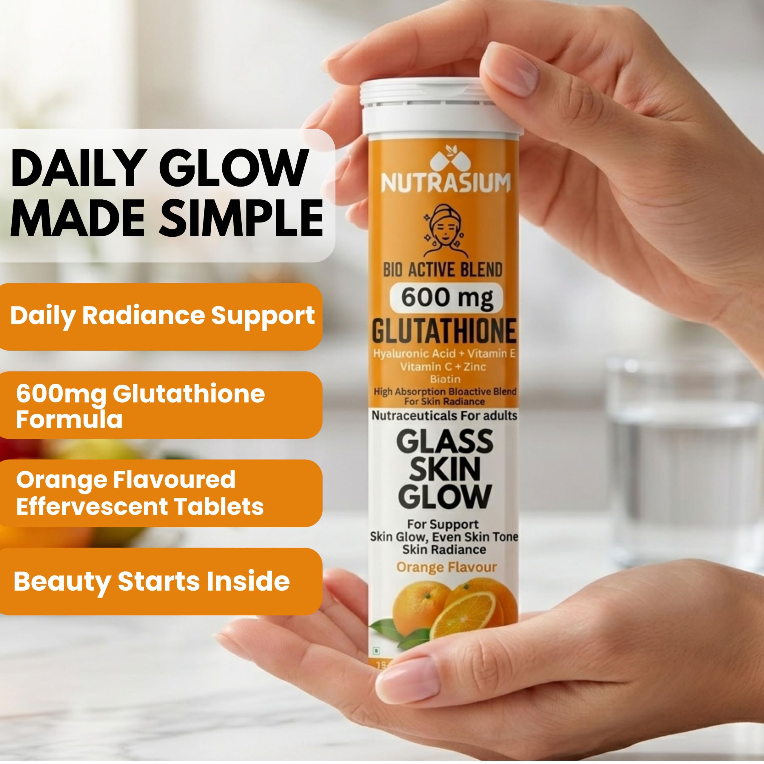 Nutrasium | 600 mg L-Glutathione tablets for Radiant Skin & Even Skin Tone | Glutathione Tablets For Skin Glow & Antipigmentation | 15 Effervescent Tablets, Orange Flavour 4