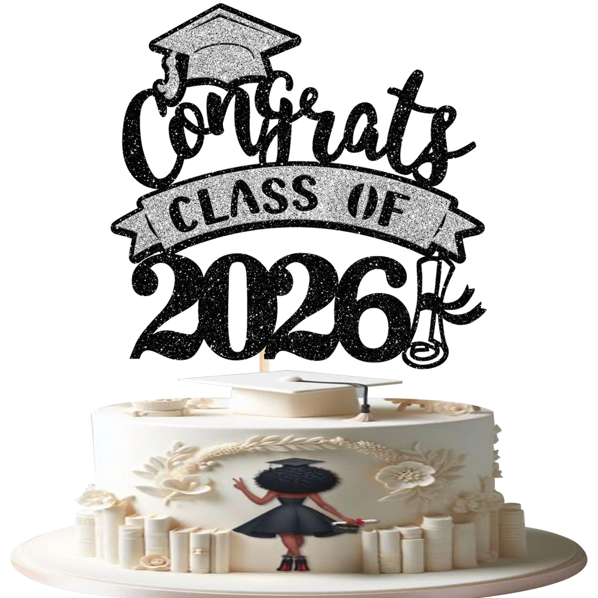 SYKYCTCY 1 Pack Congrats Class of 2026 Cake Topper Glitter Diploma Graduation Cap Cake Pick Class of 2026 Cake Decorations for 2026 Graduation Theme High School Party Cake Decorations Supplies