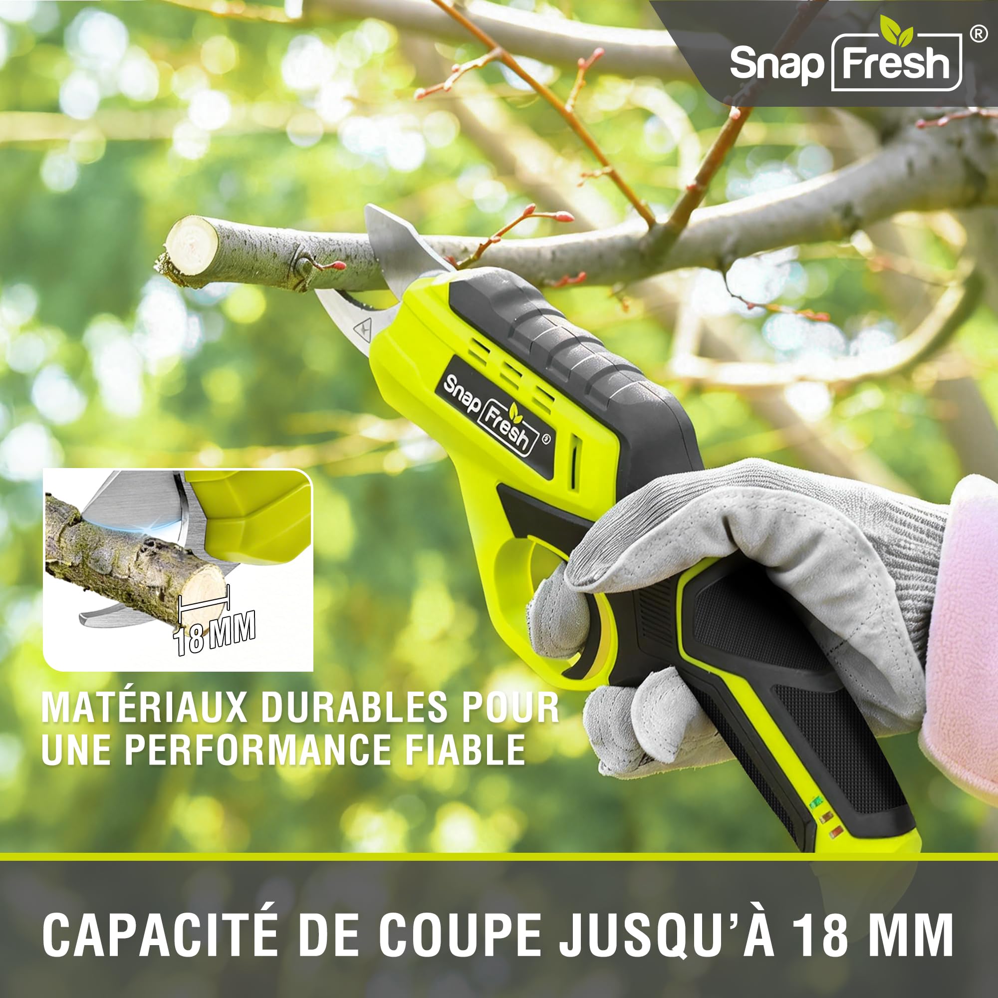 SnapFresh Secateur Electrique Sans Fil avec Batterie 4000 mAh & Lames en acier SK5 (2 Pièces), 1500 Coupes par Charge, Diamètre de Coupe de 18 mm pour Jardins, Branches, Arbres Fruitiers et Vignoble