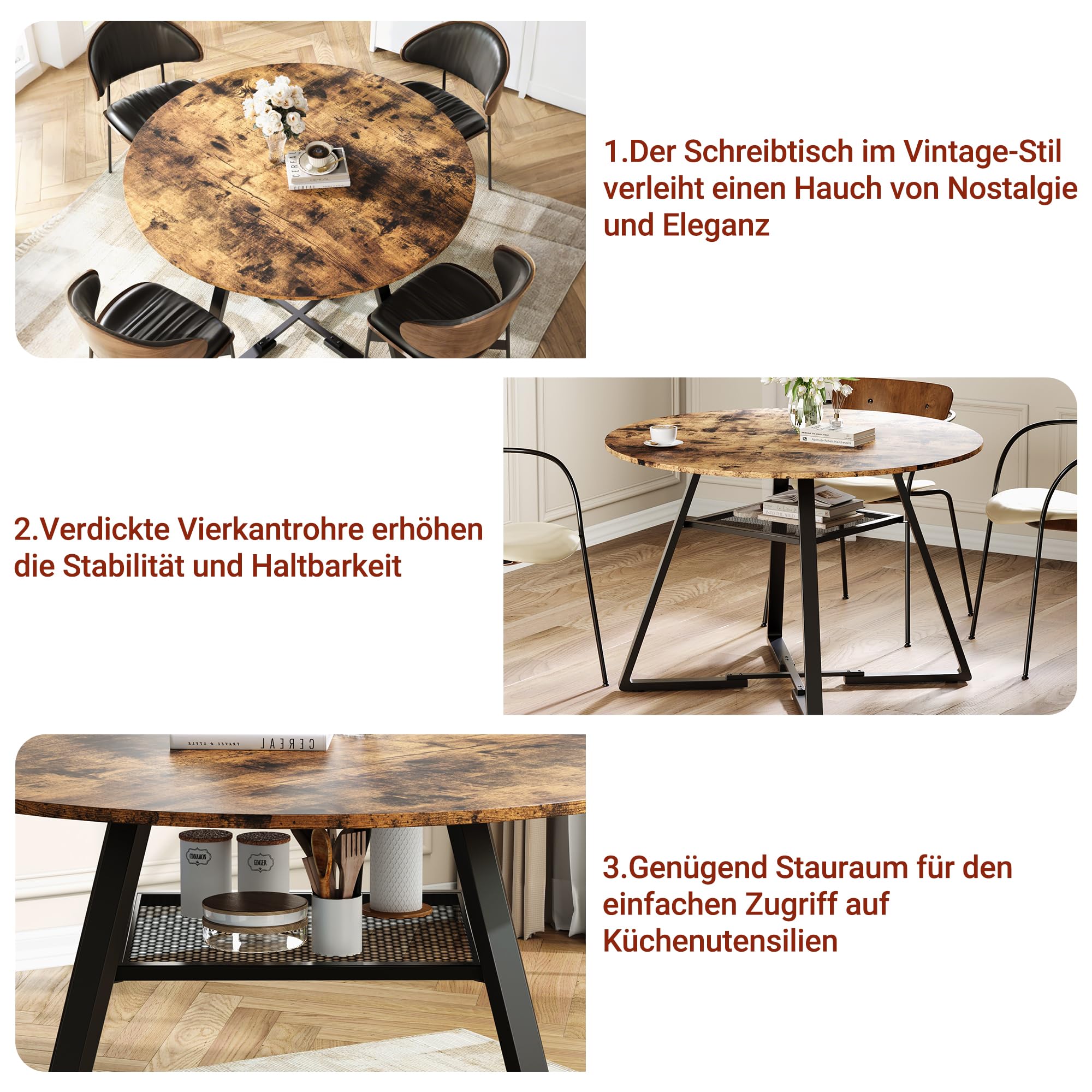 Table à manger ronde en bois pour 4 à 6 personnes, 120 cm, avec 1 étagère ouverte pour salle à manger, cuisine, salon, foncé + kaki (120 × 75 m)