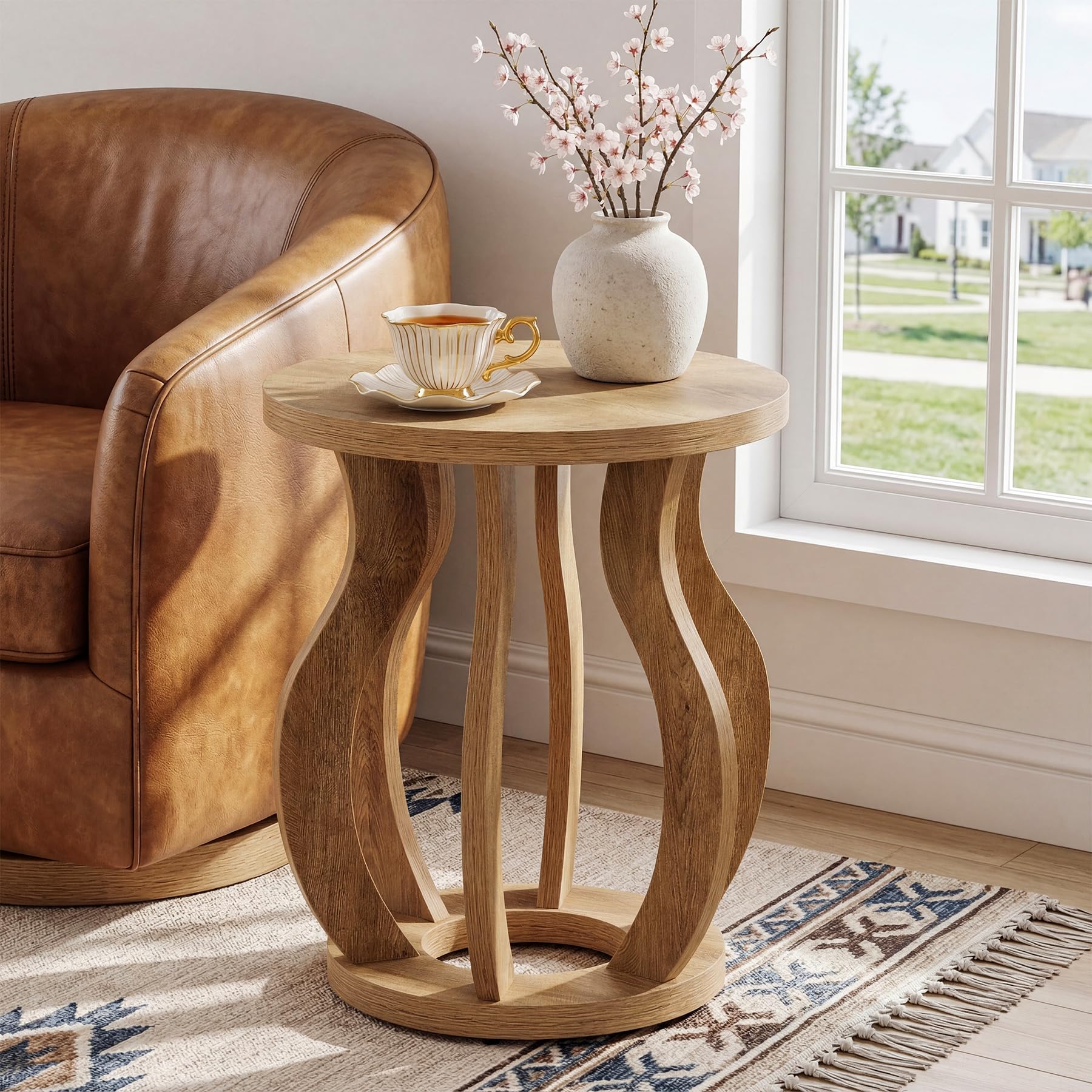 Tribesigns Round End Side Table: Farmhouse Wooden Side Table for Living Room, Bedside Nightstand with Curved Frame, Accent Nightstand for Bedroom, Small Spaces, Brown(1PC)