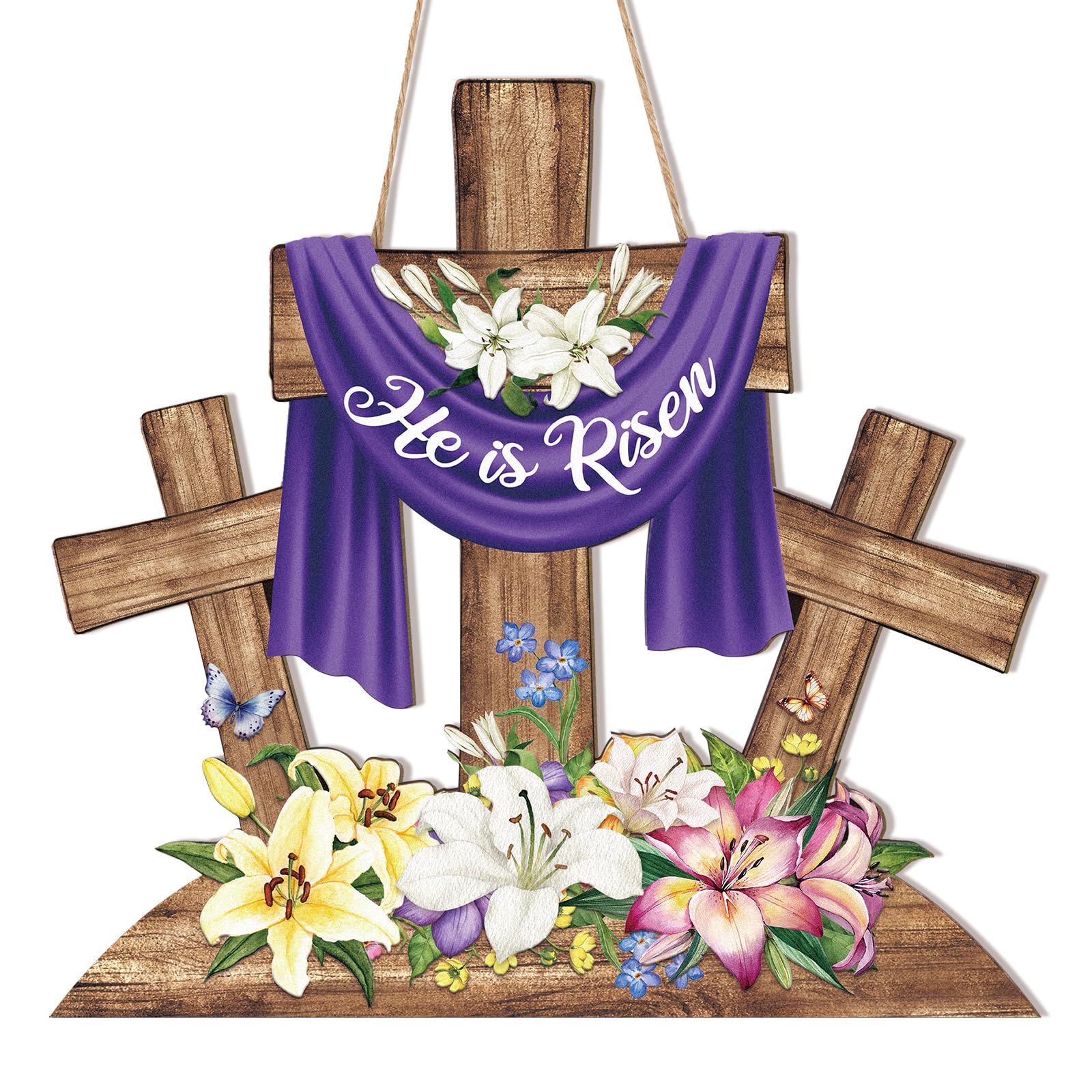 He is Risen Easter Decoration Wood Door Wall Signs, Wooden Wreaths Front Door Sign Cross Sign Christian Jesus Lily Flowers Ornaments Hanging Crafts