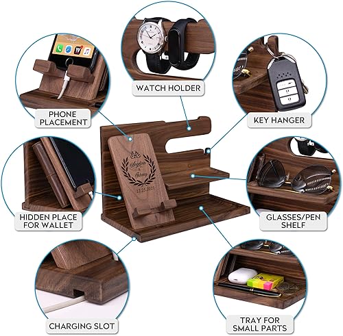 Miniatura 7 de Regalos personalizados para hombres  Estación de acoplamiento de madera para teléfono, organizador de mesita de noche con soporte para llaves,