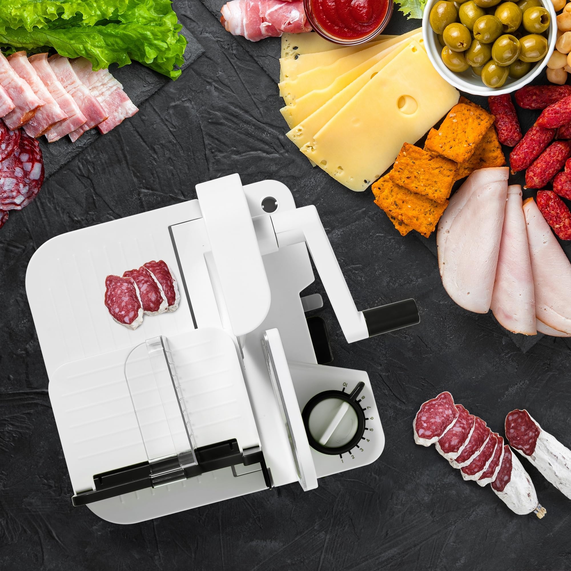 Starfrit Cortador de delicatessen, rebanadas de carne, queso, pan, hoja de acero inoxidable de 6.5 pulgadas, perilla de grosor ajustable, anidable para un fácil almacenamiento, frutas y verduras 2 en