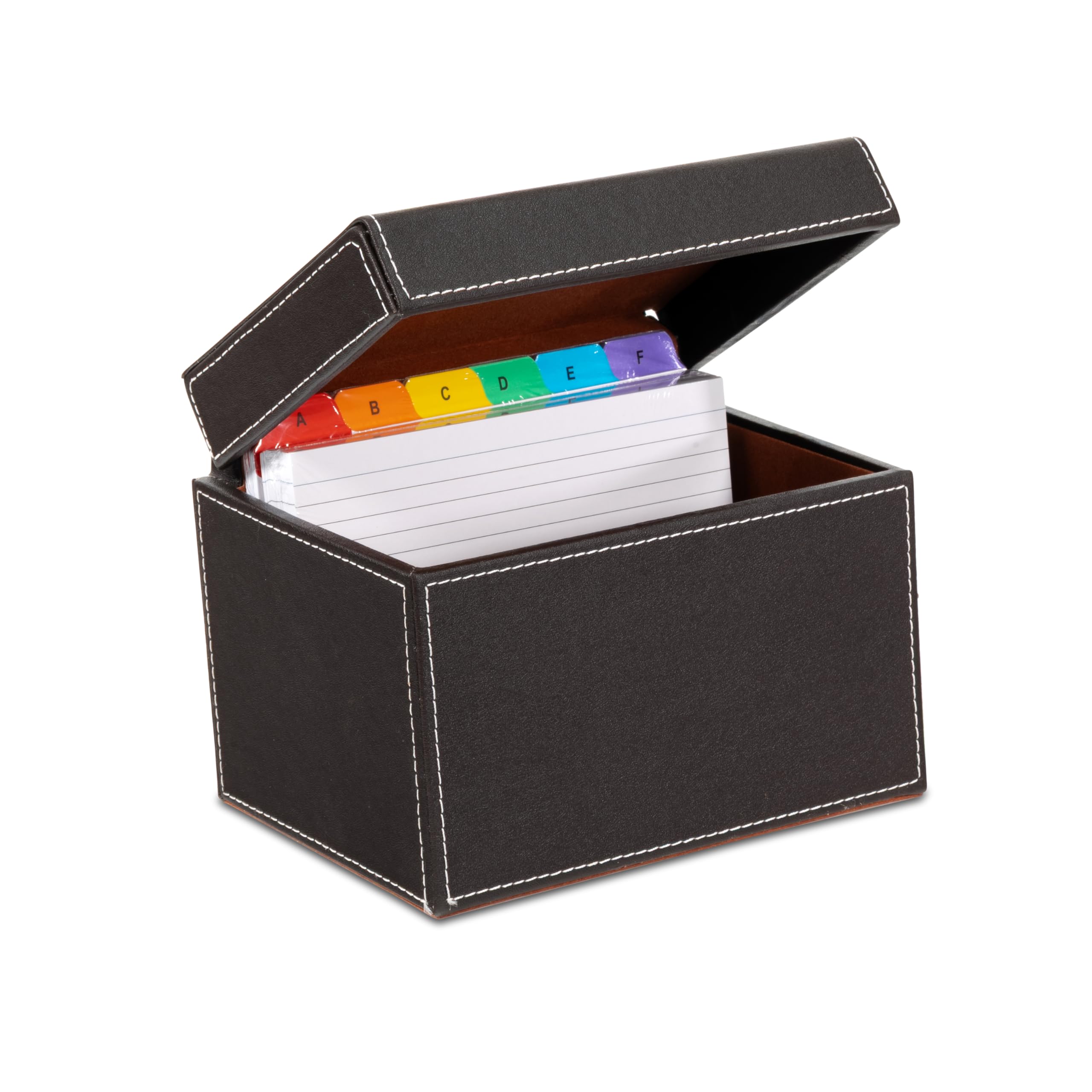 OSCO Brown Faux Leather Index Box, A to Z Divider Tabs, 100 Lined Note Cards, Ruled Revision Flash Card, Recipe Notes, Office Contacts Filing, Desktop Organiser, Holds 6" × 4" Cards (148 × 105 mm)