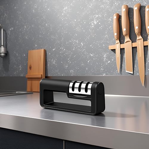 Miniatura 6 de Afilador de cuchillos activo de 4 etapas, negro, afilado de precisión para cuchillos de cocina, tijeras y más