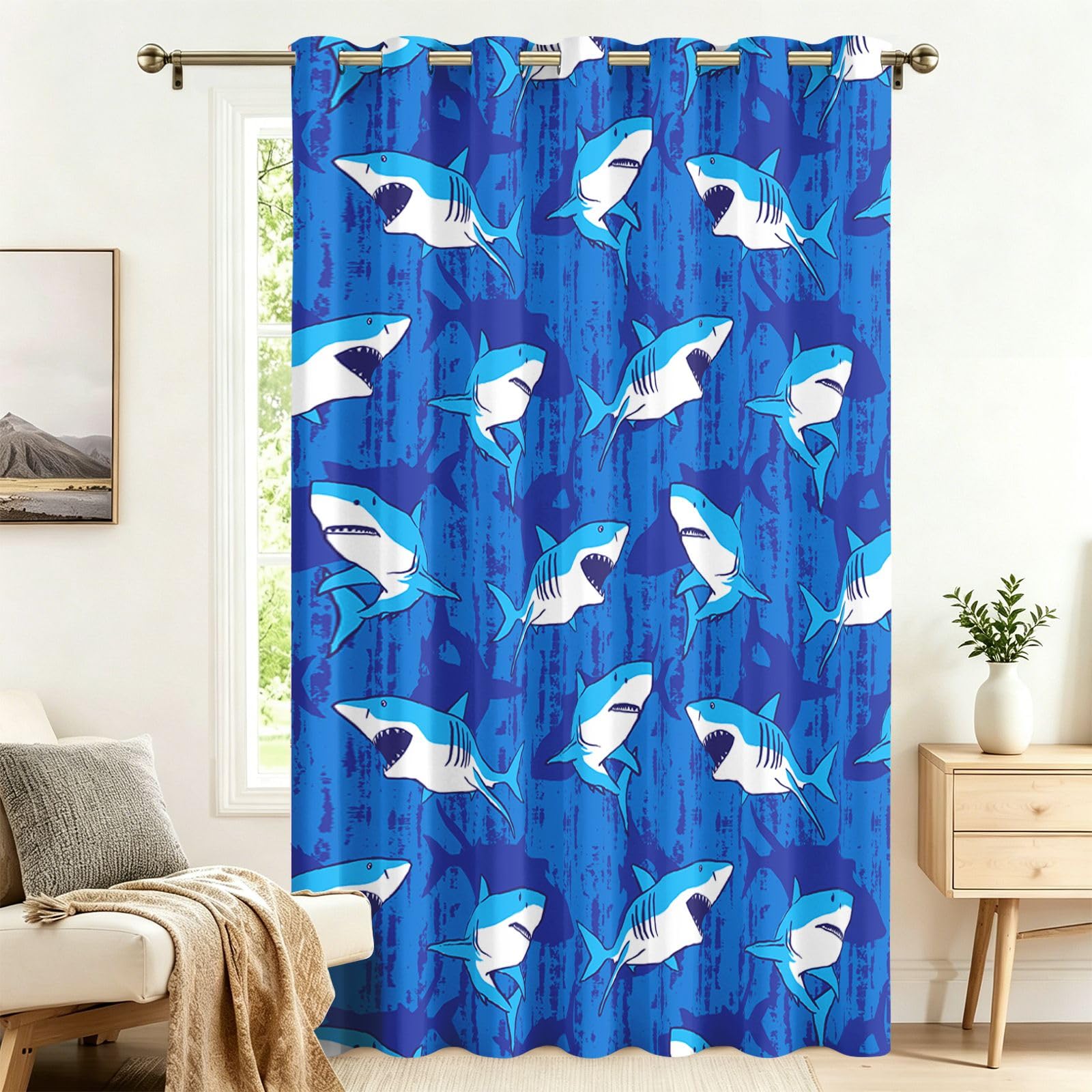 Fadaing Ocean Shark Curtains with Eyelets, 1 Piece, Room Divider Curtains, Blackout 137 x 132 cm, Blackout Thermal Curtains, Heat Insulating, Winter, Summer, Thermal Protection, Indoor Sun Protection