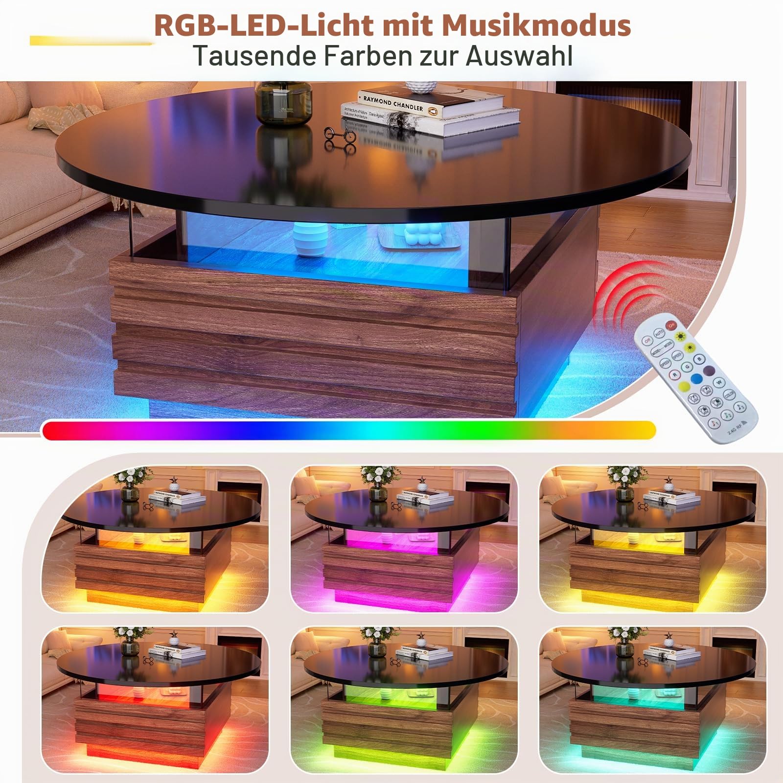 MSFE Runder Couchtisch mit LED Wohnzimmertisch mit 2 Schubladen Modern Sofatisch Runder Kaffeetisch mit Stauraum Couchtisch aus Holz & Gehärtetem Glas für das Wohnzimmer, Büro, Zuhause Ø 80cm x 40cmH