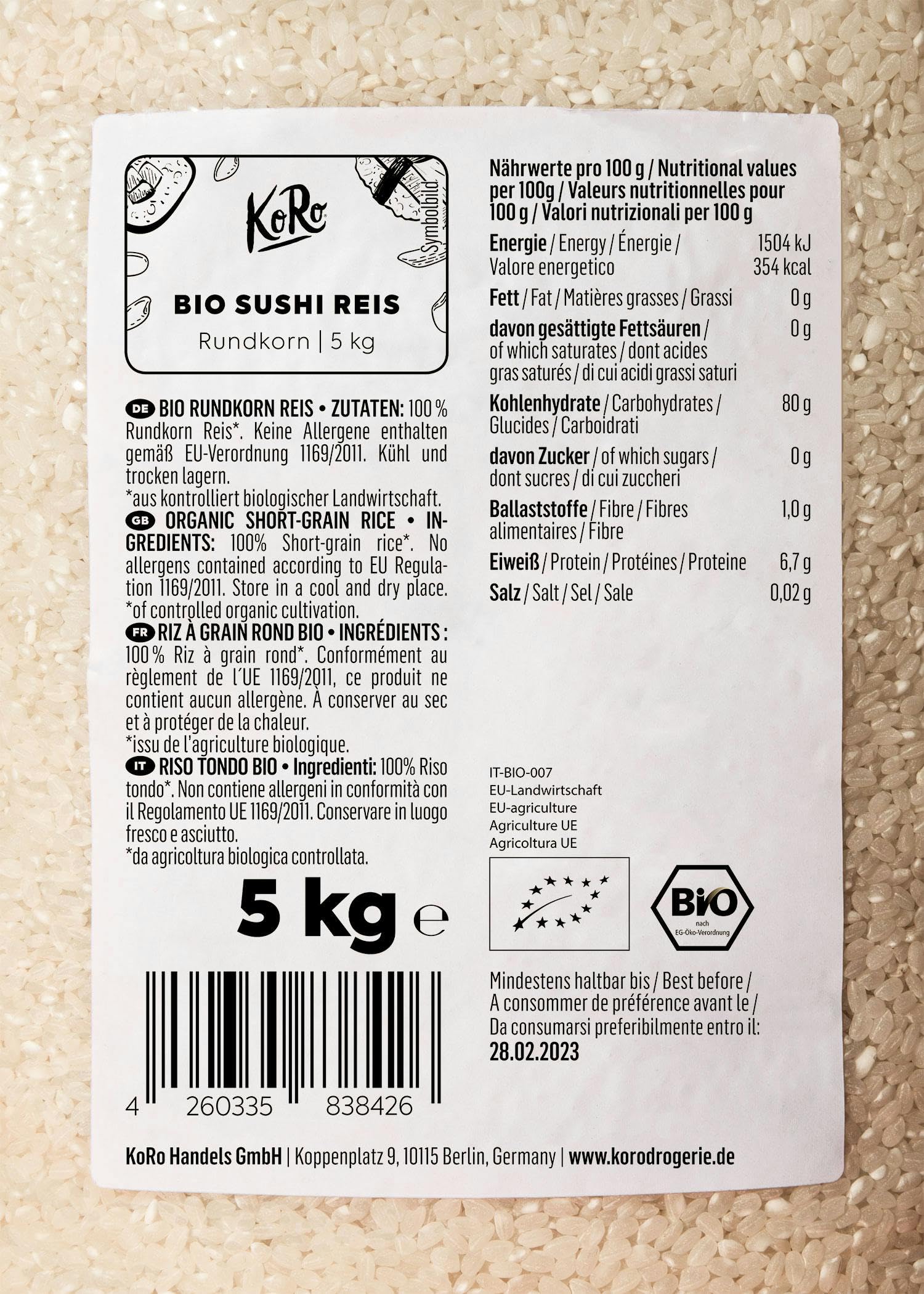 KoRo - Riso per sushi bio 5 kg - Confezione convenienza - Da agricoltura biologica e italiano - Ideale per sushi