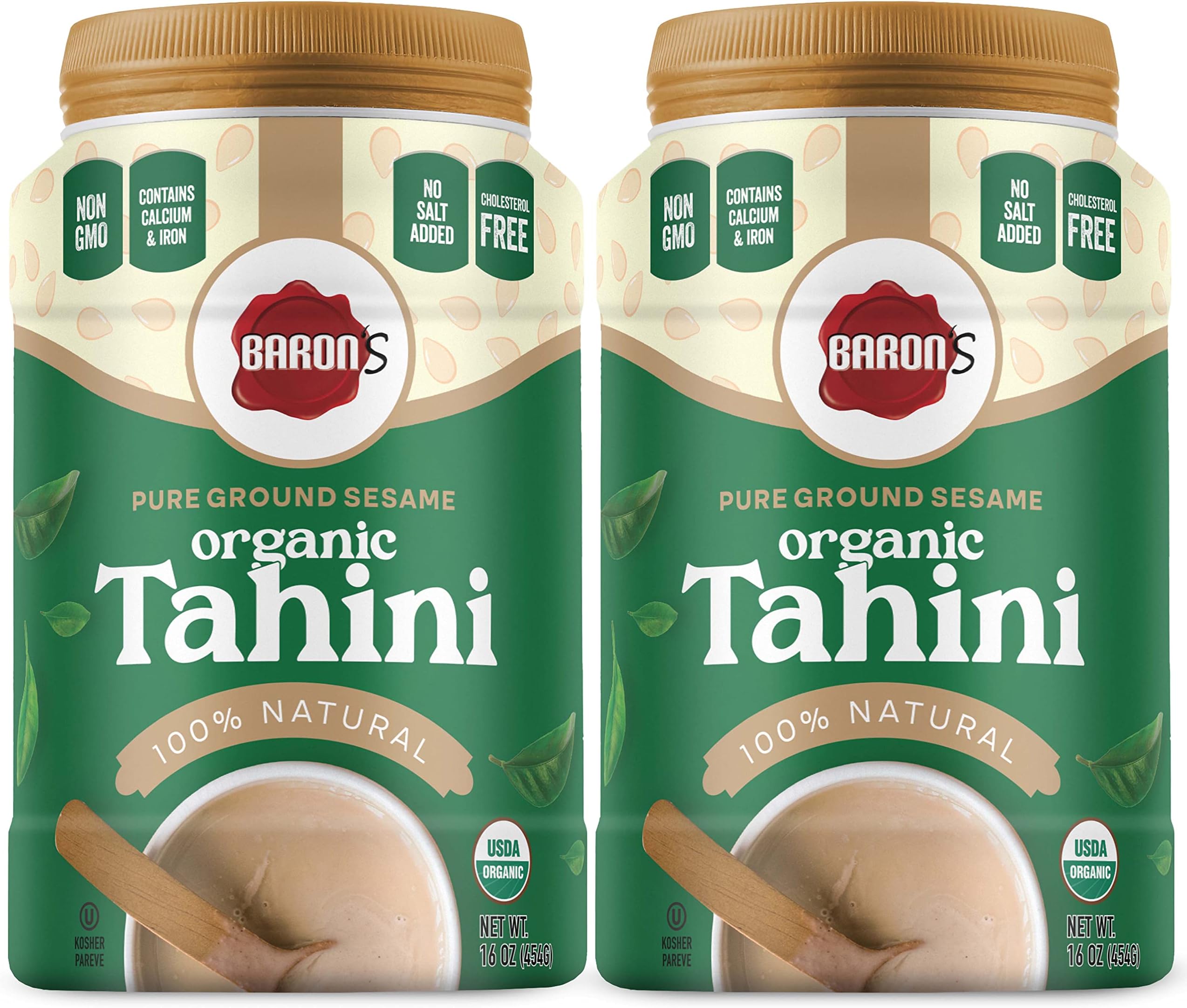 Baron's USDA Organic Tahini Pure Sesame Paste | 2 x 16 oz Jars | Rich Creamy Spread for Hummus, Dips, Sauces | Kosher, Vegan, Keto friendly, Non-GMO, Gluten-Free, No Peanuts | Ground Seeds Tahina