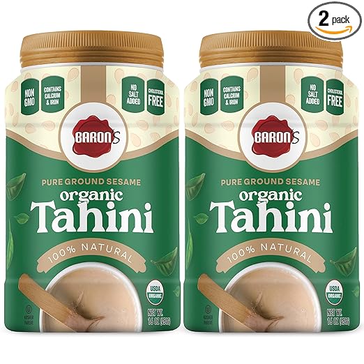 Baron's USDA Organic Tahini Pure Sesame Paste | 2 x 16 oz Jars | Rich Creamy Spread for Hummus, Dips, Sauces | Kosher, Vegan, Keto friendly, Non-GMO, Gluten-Free, No Peanuts | Ground Seeds Tahina