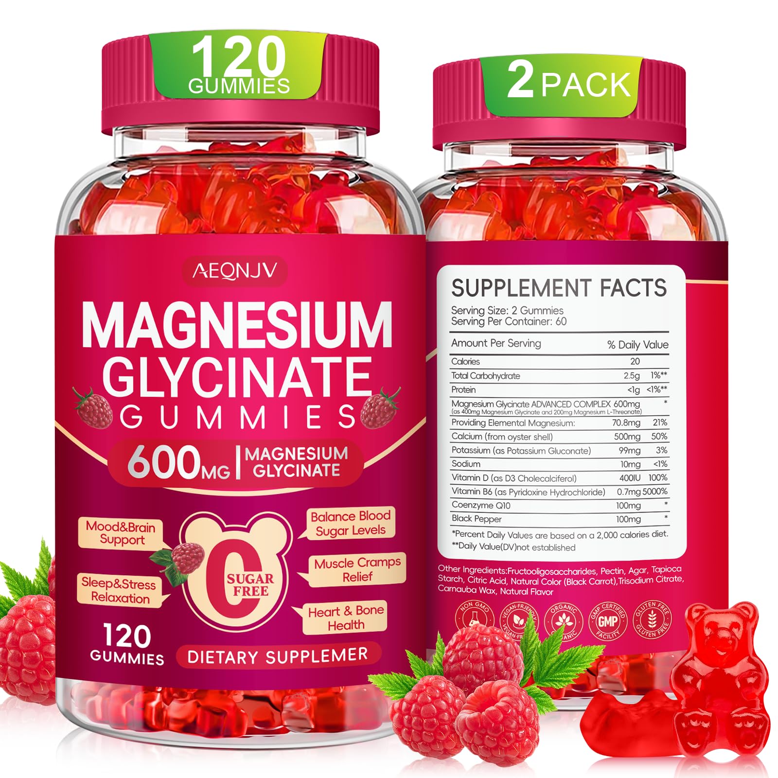 Magnesium Glycinate Gummies 600mg, Sugar Free Magnesium Gummies for Adults with L-Threonate, Chewable Potassium Supplements for Sleep, Body Support and Relaxation, 2 Pack