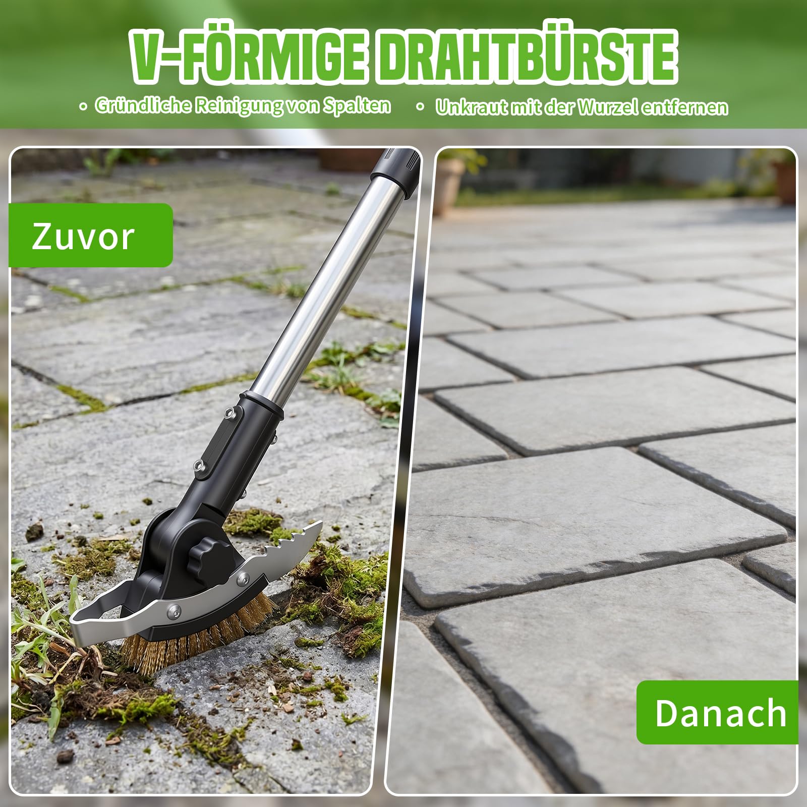 Hysagtek Garten Fugenkratzer - 3-in-1 Fugenbürste Unkraut, 150cm Verstellbarer Unkrautentferner mit Stiel, Fugenreiniger mit Moosbürste und 2 Edelstahl-Schabern Garten, für Treppen, Terrassen, Gehwege