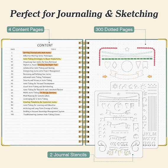 Bullet Dotted Journal Notebook, 300 Pages Leather Notebooks with Contens | 120 GSM Thick No Bleed Through Paper Journals, A4 Dot Grid Spiral Notebook for Women Men Work Writing, 8.5 x 11, Light Blue