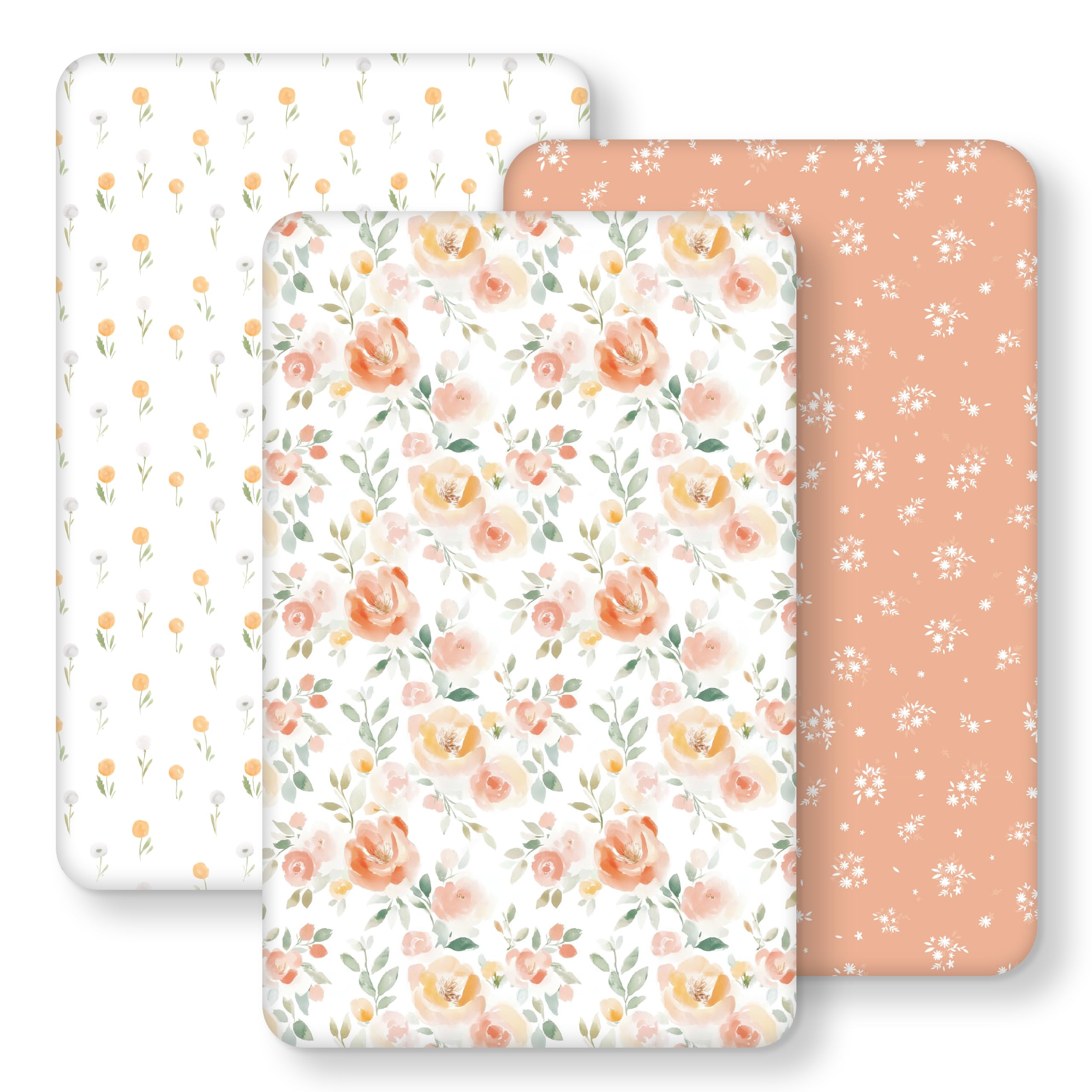 FIEMOL Next to Me Crib Sheets 85x51cm Fitted, 3 Pack Baby Cot Sheets, Ultra Soft & Silky Smooth Microfiber Bedside Crib Fitted Sheets Orange Watercolor Flower