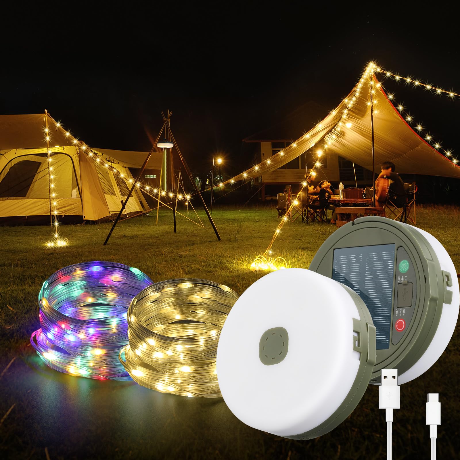 Uodir Green Stowable String Lights 10M / 32Ft, Solar Camping Lights Reel, Usb Rechargeable,2000Mah, Waterproof Retractable Camping String Lights For Outdoor, Indoor, Rv, Tent, Warm White+Color