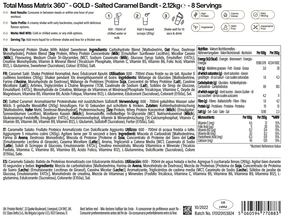 THE PROTEIN WORKS Matrix Massa Totale Extreme, Frullato di Proteine in Polvere Ipercalorico & Iperproteico, Per Aumentare di Peso, 8 Agitare, Caramello Salato Intenso, 2.12 kg